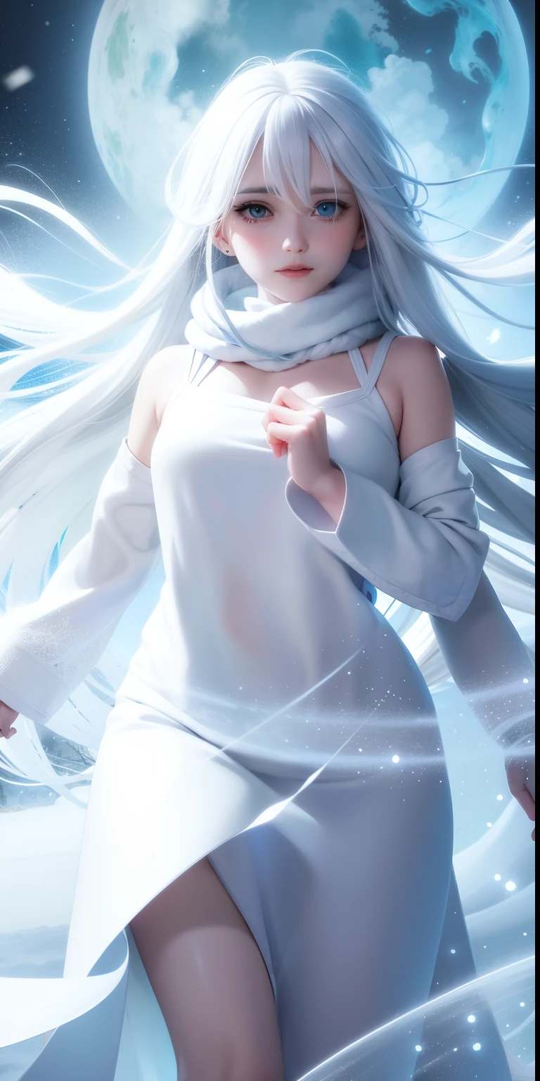 anime girl with white hair and blue scarf in the snow, flowing white hair, girl with white hair, with white long hair, with long white hair, beautiful anime portrait, white haired, white haired lady, soft anime illustration, perfect white haired girl, beautiful young wind spirit, ethereal beauty, white and pale blue toned, white haired deity, white hair floating in air
