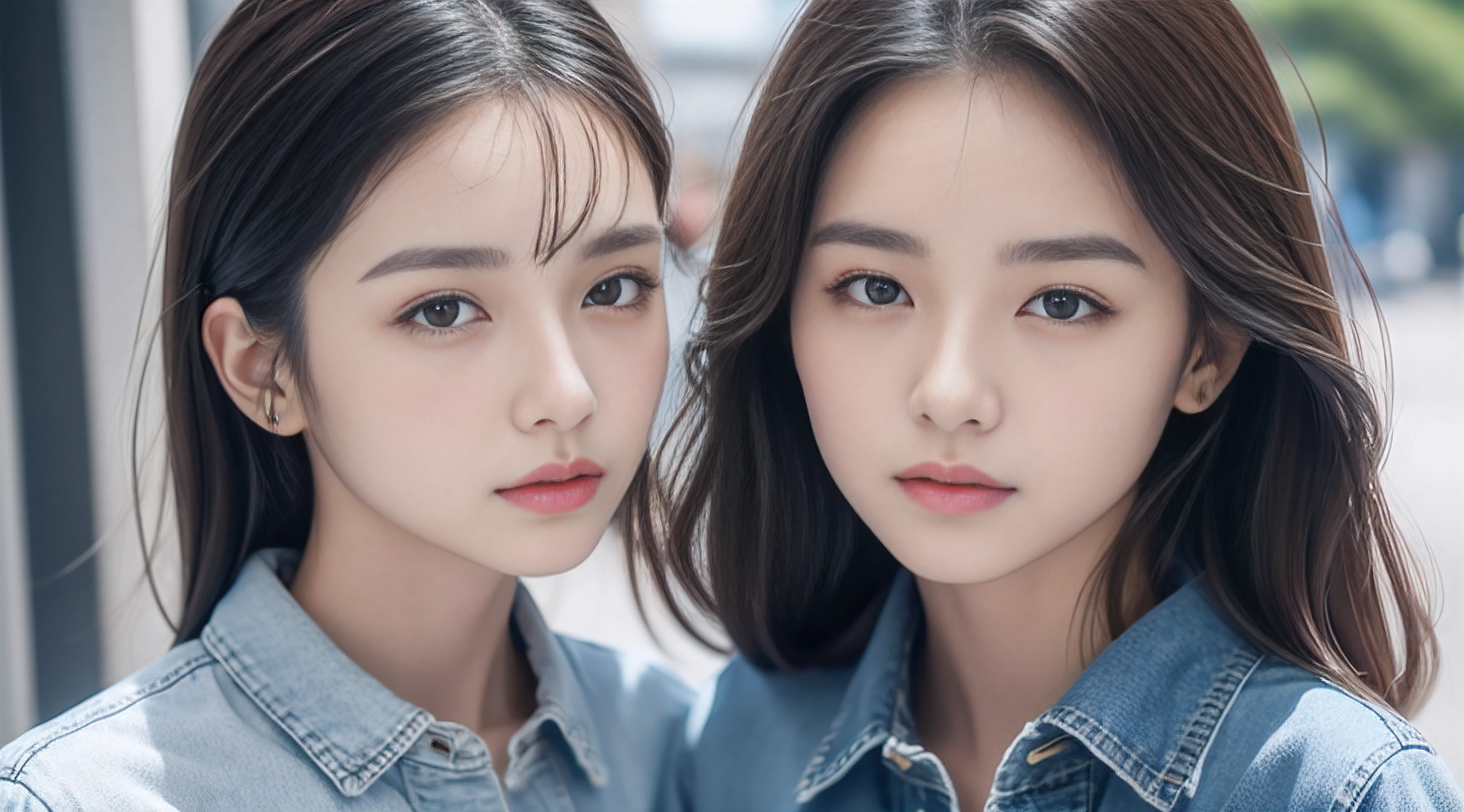 Small face、Denim skirt、Blue striped shirt、pumps、A detailed face、Detailed lips、A detailed eye、luslous skin、One Person