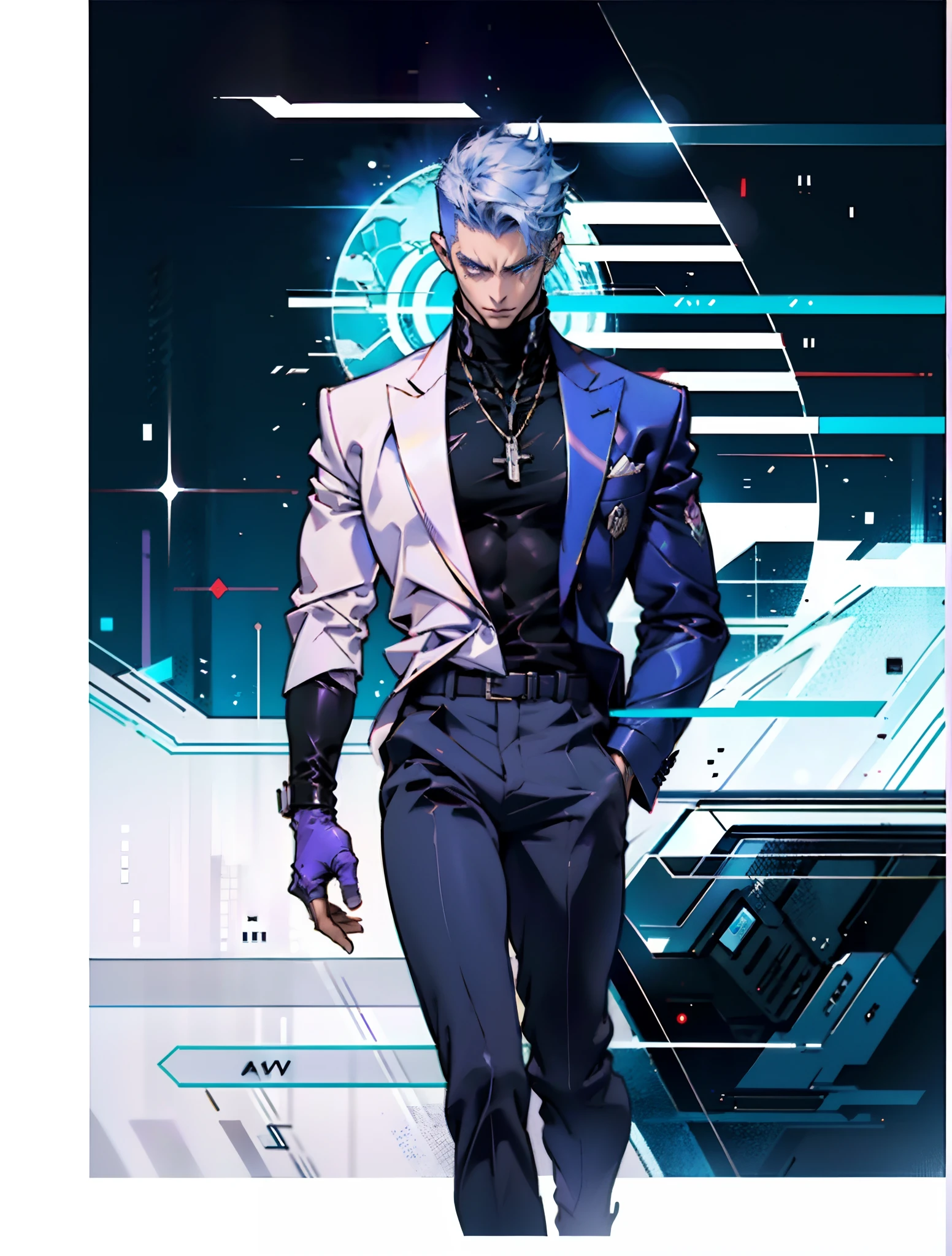 A man with a crew cut, a calm and rational expression, a wise gaze, wears a futuristic scientist's coat, primarily in shades of white, accented by touches of blue and purple, matching utility pants, standing in a mysterious laboratory of an ancient and advanced civilization, with a high-tech incubation tank emitting a faint glow in the background, this character embodies a finely crafted a futuristic sci-fi scientist in anime style, characterized by an exquisite and mature manga illustration art style, high definition, best quality, highres, ultra-detailed, ultra-fine painting, extremely delicate, professional, anatomically correct, symmetrical face, extremely detailed eyes and face, high quality eyes, creativity, RAW photo, UHD, 8k, Natural light, cinematic lighting, masterpiece:1.5