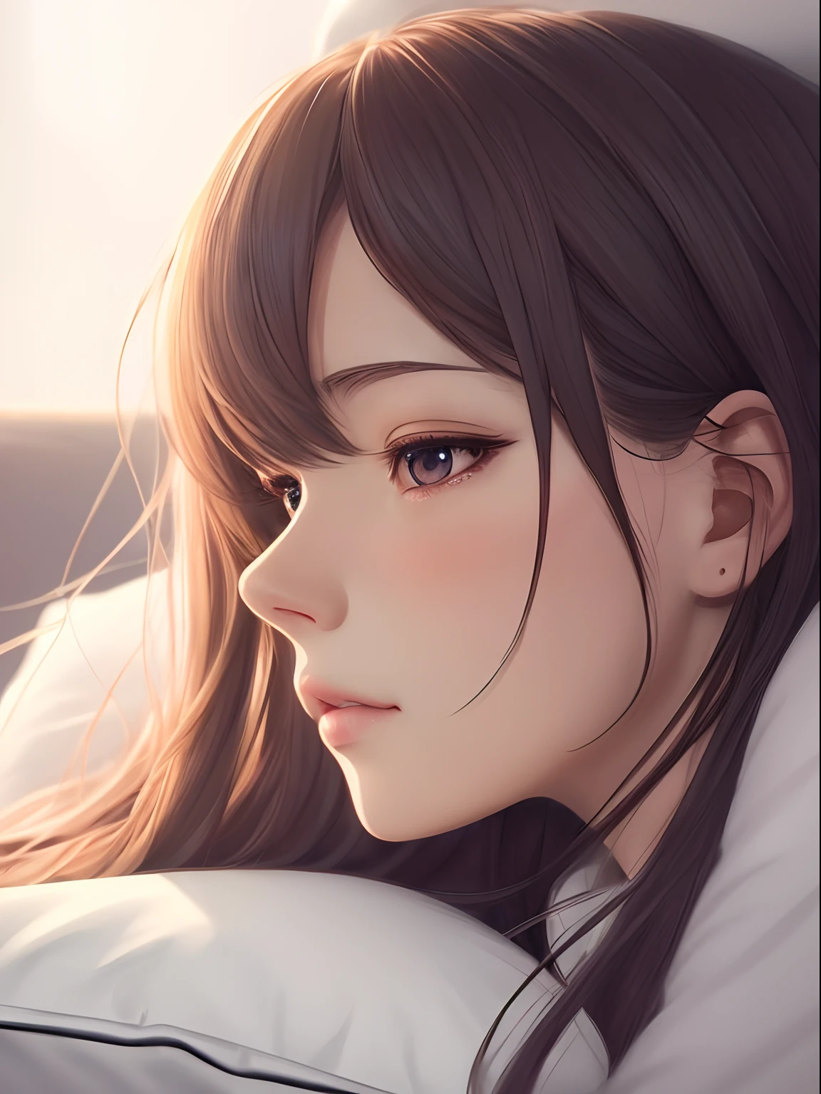 a close up of a person laying on a couch with a pillow, realistic anime 3 d style, anime. soft lighting, soft anime illustration, beautiful anime portrait, realistic anime art style, detailed portrait of anime girl, smooth anime cg art, artwork in the style of guweiz, portrait anime girl, profile of anime girl, beautiful anime girl, kawaii realistic portrait