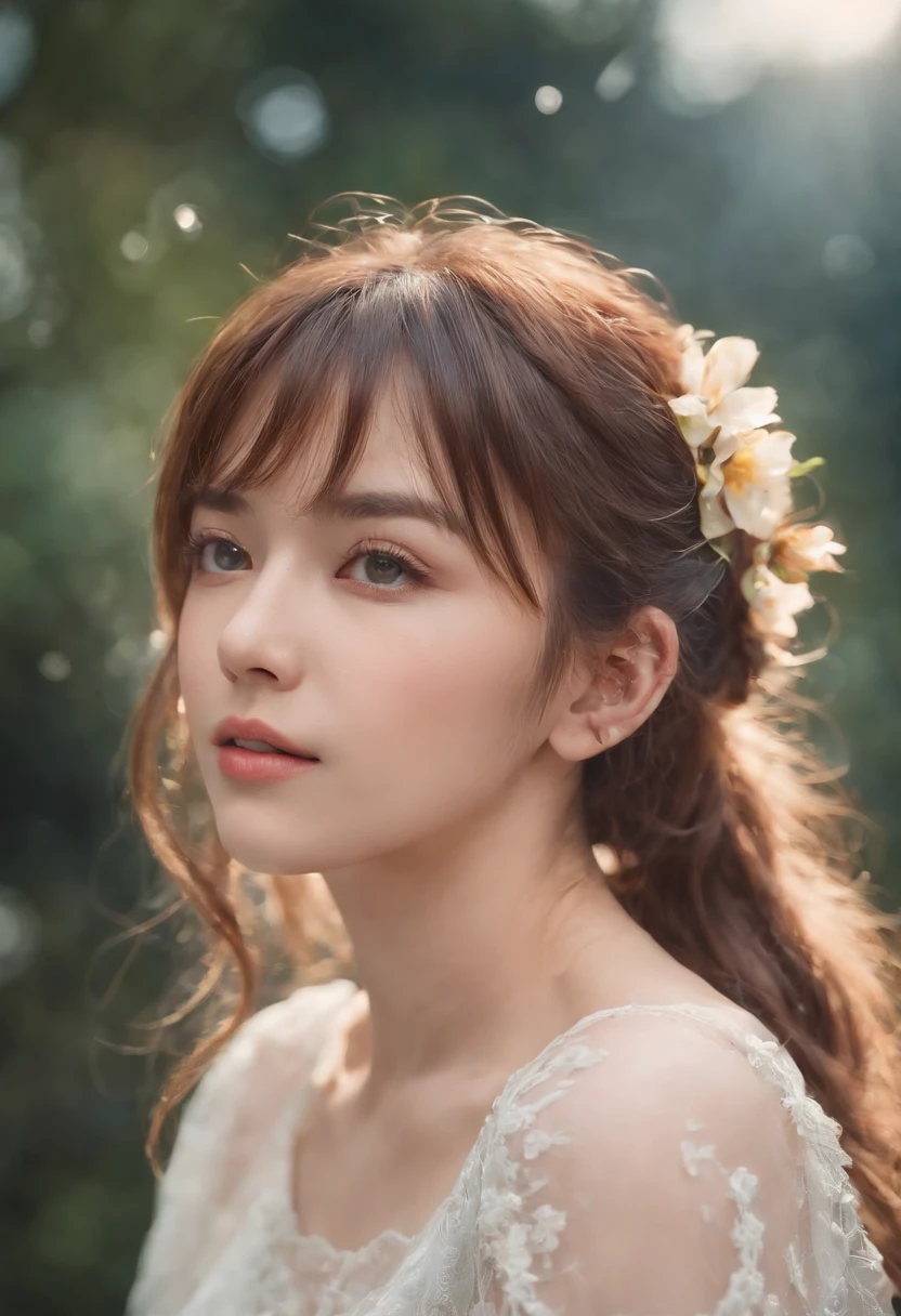 (masterpiece), (best quality), (ultra detailed),(disheveled hair),(illustration), (1girl), (Fashionable clothing), standing, Fashion model, looking at viewer, (interview), (simple background),beautiful detailed eyes, delicate beautiful face, Floating,(high saturation),(colorful splashes),colorful bubble,(shining), focus on face, ponytail, kamisato ayaka, light blue hair, bangs, hair ring, floating flowers, floating hairs, (shining), best lighting, best shadow,