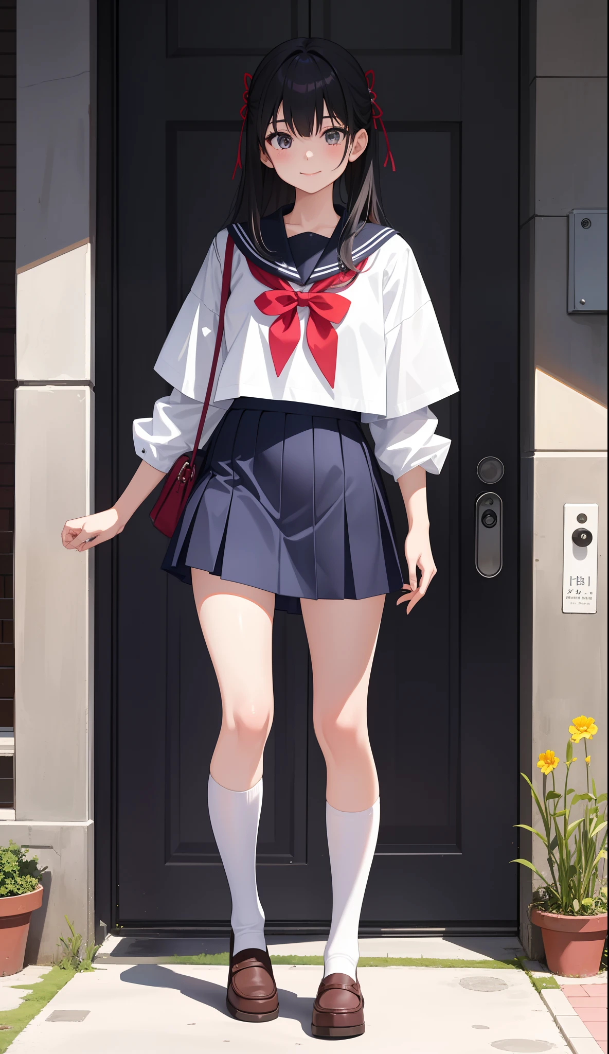 1girl in、AS-Adult、A smile、The shirt、skirt by the、(small tits)Japan High School、校服、serafuku、Walking with a thigh、Upper body portrait、