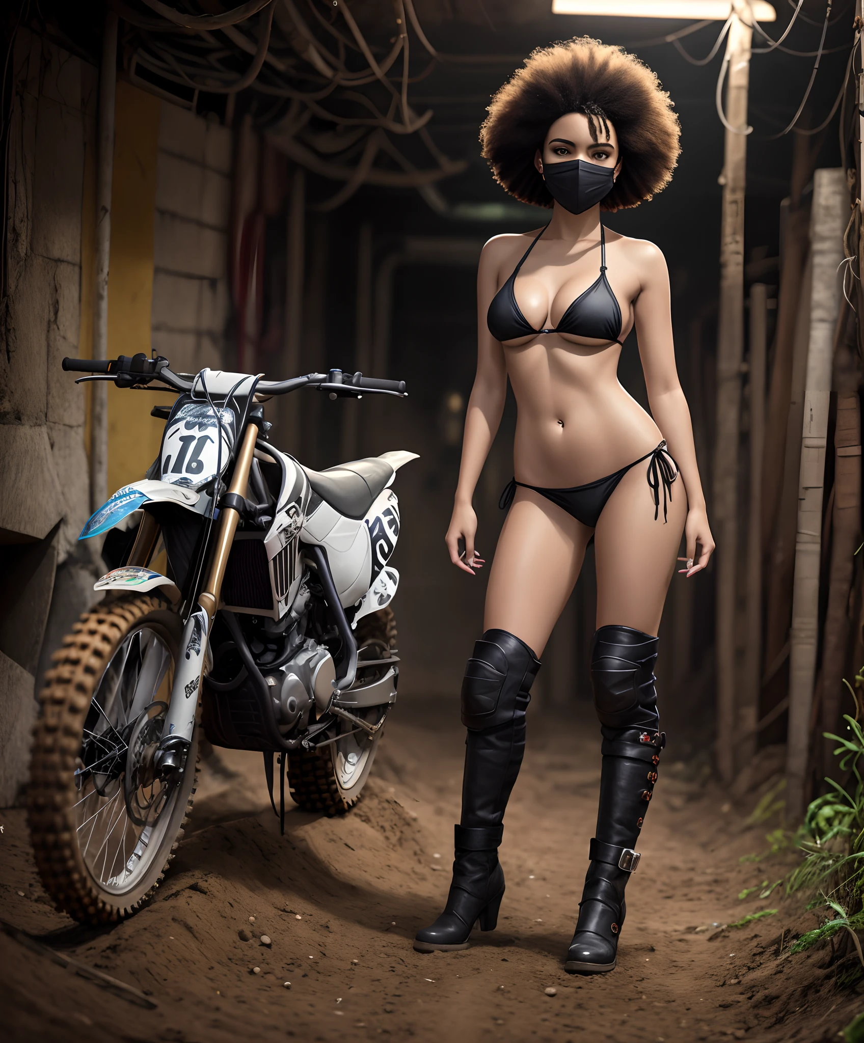 Black woman in sexy bikini, afro braided hair, (((cabelo afro))), ((garagem underground)), ((mulheres negras sexy)) Use of motocross masks, distortionless, sharped image, dedos lindos, dedos perfeitos, corpo escultural ((MULHER SEXY)), silver bikini, rosto perfeito, Motocross mask in the mouth and eyes, ((viseira neon nos olhos)), ((BOTAS LONGAS PRATEADAS))