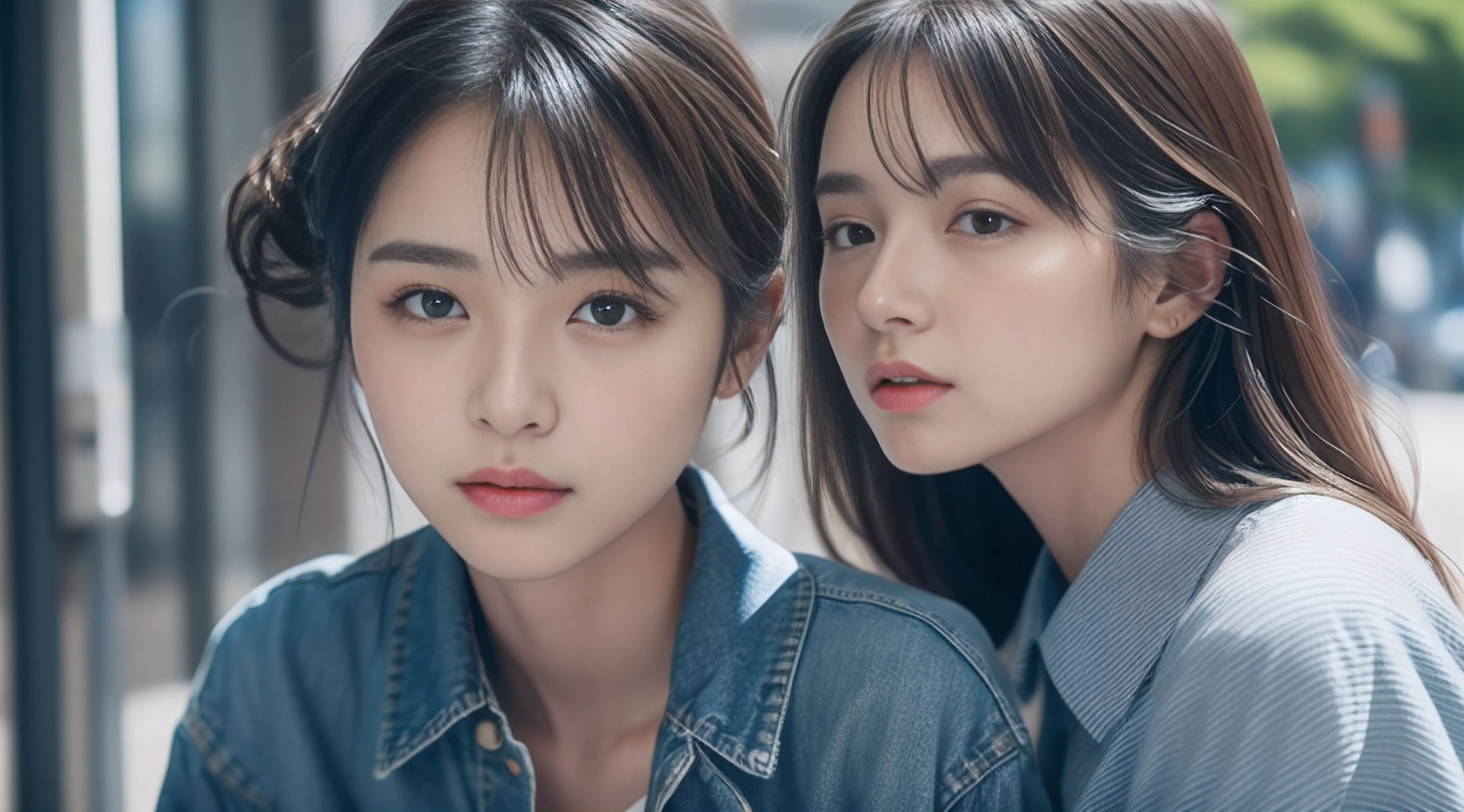 Small face、Denim skirt、Blue striped shirt、pumps、A detailed face、Detailed lips、A detailed eye、luslous skin、One Person