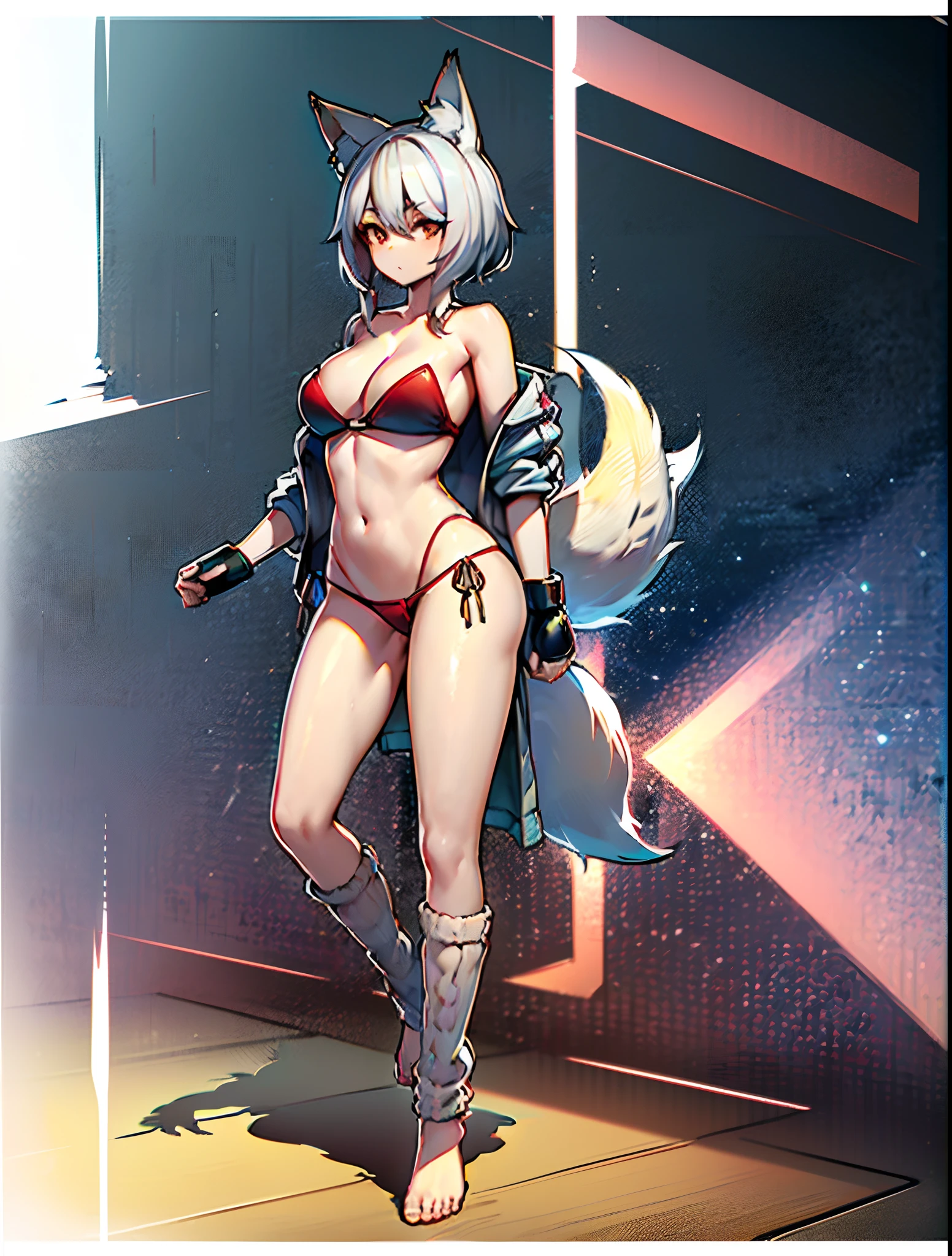 ((fox girl)), ((full body)), ((Standing pose)), ((((very baggy and long leg warmers)))), ((bare feet)), ((strapless bikini top)), ((thong)), ((open jacket)), ((martial fighting gloves)), ((fully detailed))