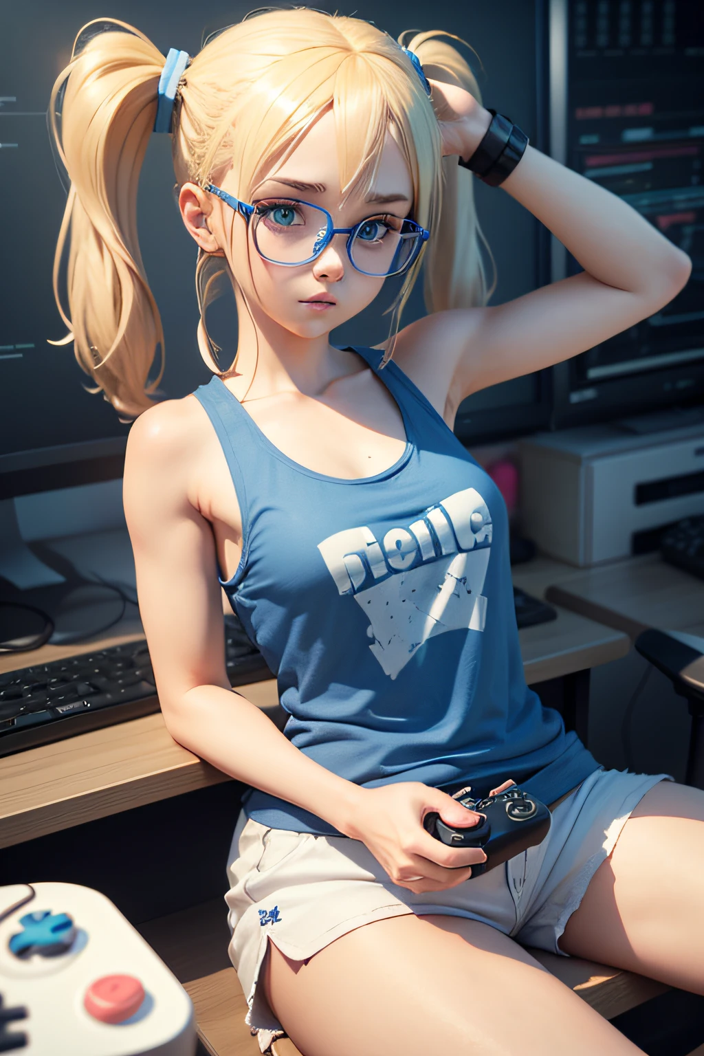 3d girl with pigtails blonde hair in a blue tank top and white shorts holding a controller in one hand and has glasses
