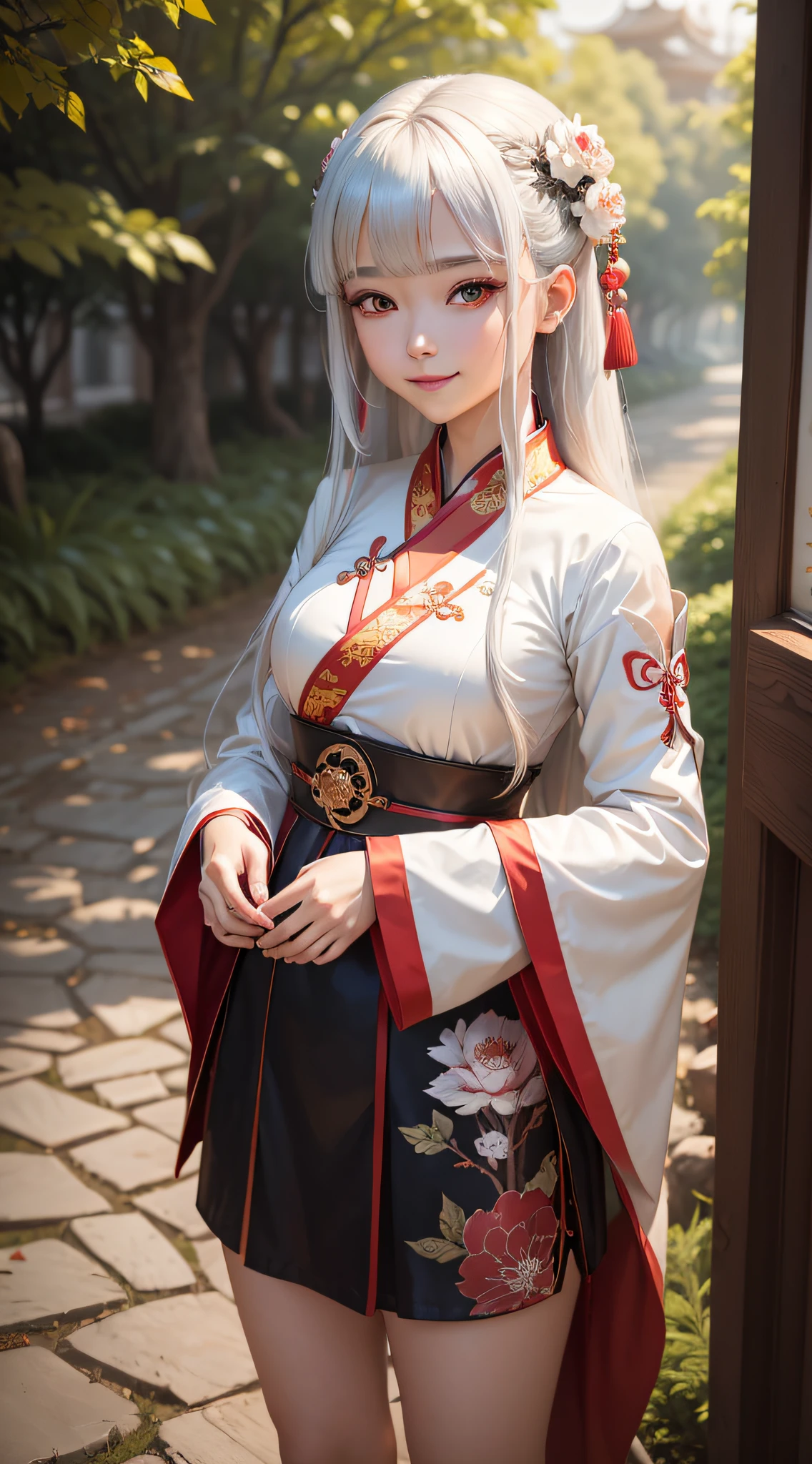 masterpiece, best quality, 1girl, solo, long hair, looking at viewer, smile, bangs, hair ornament, red eyes, long sleeves, dress, standing, collarbone, white hair, grey hair, alternate costume, wide sleeves, tree, chinese clothes, hairpin, hanfu, ningguang (genshin impact), Ningguang,