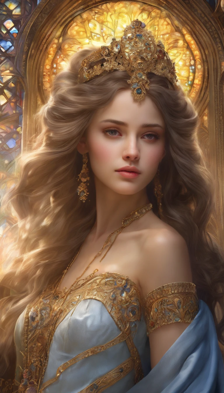 1girl, detailed gorgeous face, delicate features, long flowing hair, beautiful eyes, elegant expression, intricate jewelry, detailed skin, porcelain complexion, ethereal beauty, graceful pose, fantasy setting, glowing light, dreamlike atmosphere, cinematic lighting, (best quality,4k,8k,highres,masterpiece:1.2),ultra-detailed,(realistic,photorealistic,photo-realistic:1.37),vibrant colors, digital painting