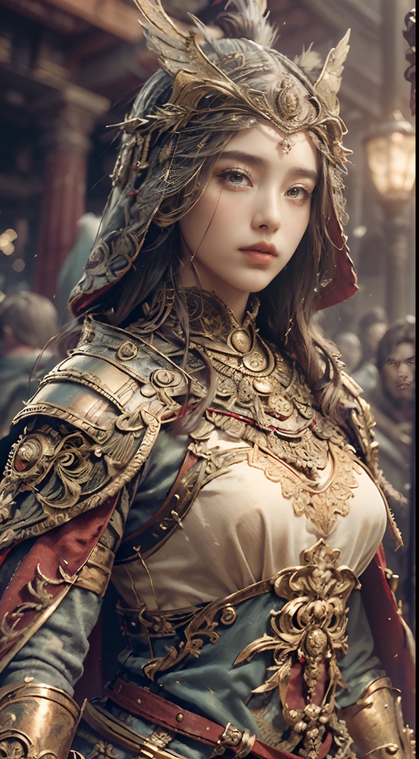 ((Masterpiece))), ((Best Quality))), ((Ultra Detailed)), (Surreal), (Highly Detailed CG Illustration), Cinematic Light, Realistic, Very Beautiful Young Lady,Sexy, Light Makeup,, Intricate Details EABA, Red Cloak, Spear