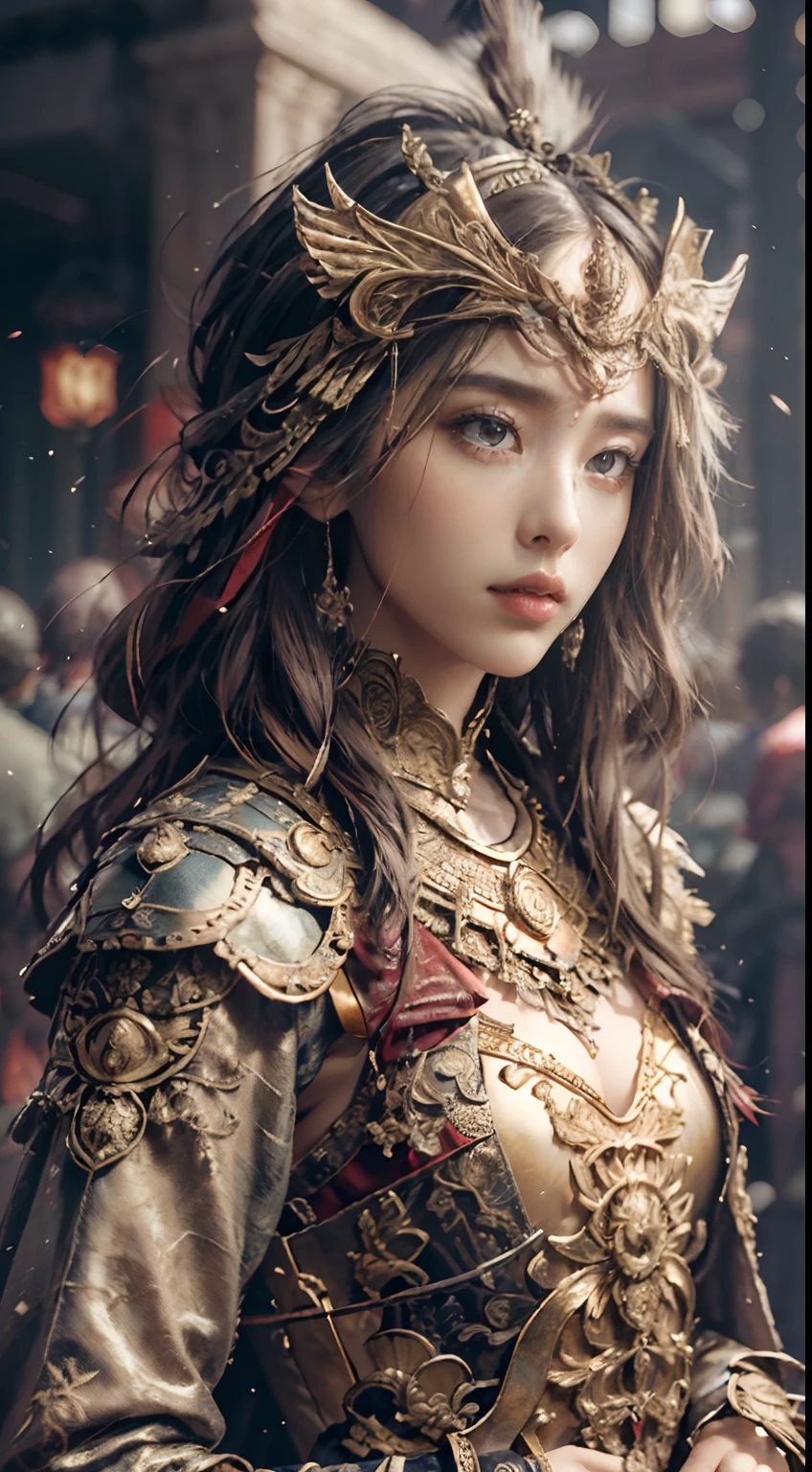 ((Masterpiece))), ((Best Quality))), ((Ultra Detailed)), (Surreal), (Highly Detailed CG Illustration), Cinematic Light, Realistic, Very Beautiful Young Lady,Sexy, Light Makeup,, Intricate Details EABA, Red Cloak, Spear