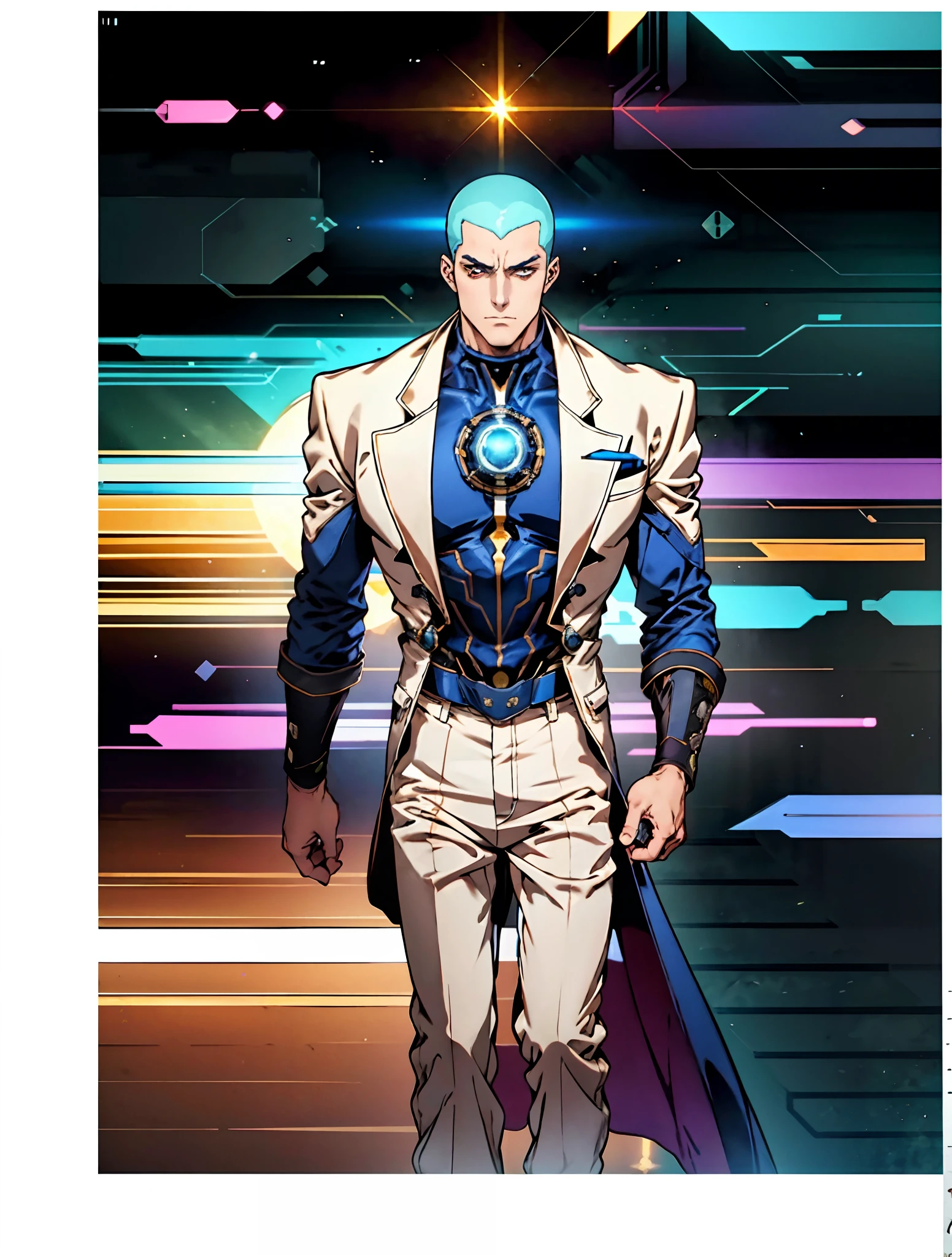 A man with a crew cut, a calm and rational expression, a wise gaze, wears a futuristic scientist's coat, primarily in shades of white, accented by touches of blue and purple, matching utility pants, standing in a mysterious laboratory of an ancient and advanced civilization, with a high-tech incubation tank emitting a faint glow in the background, this character embodies a finely crafted a futuristic sci-fi scientist in anime style, characterized by an exquisite and mature manga illustration art style, high definition, best quality, highres, ultra-detailed, ultra-fine painting, extremely delicate, professional, anatomically correct, symmetrical face, extremely detailed eyes and face, high quality eyes, creativity, RAW photo, UHD, 8k, Natural light, cinematic lighting, masterpiece:1.5