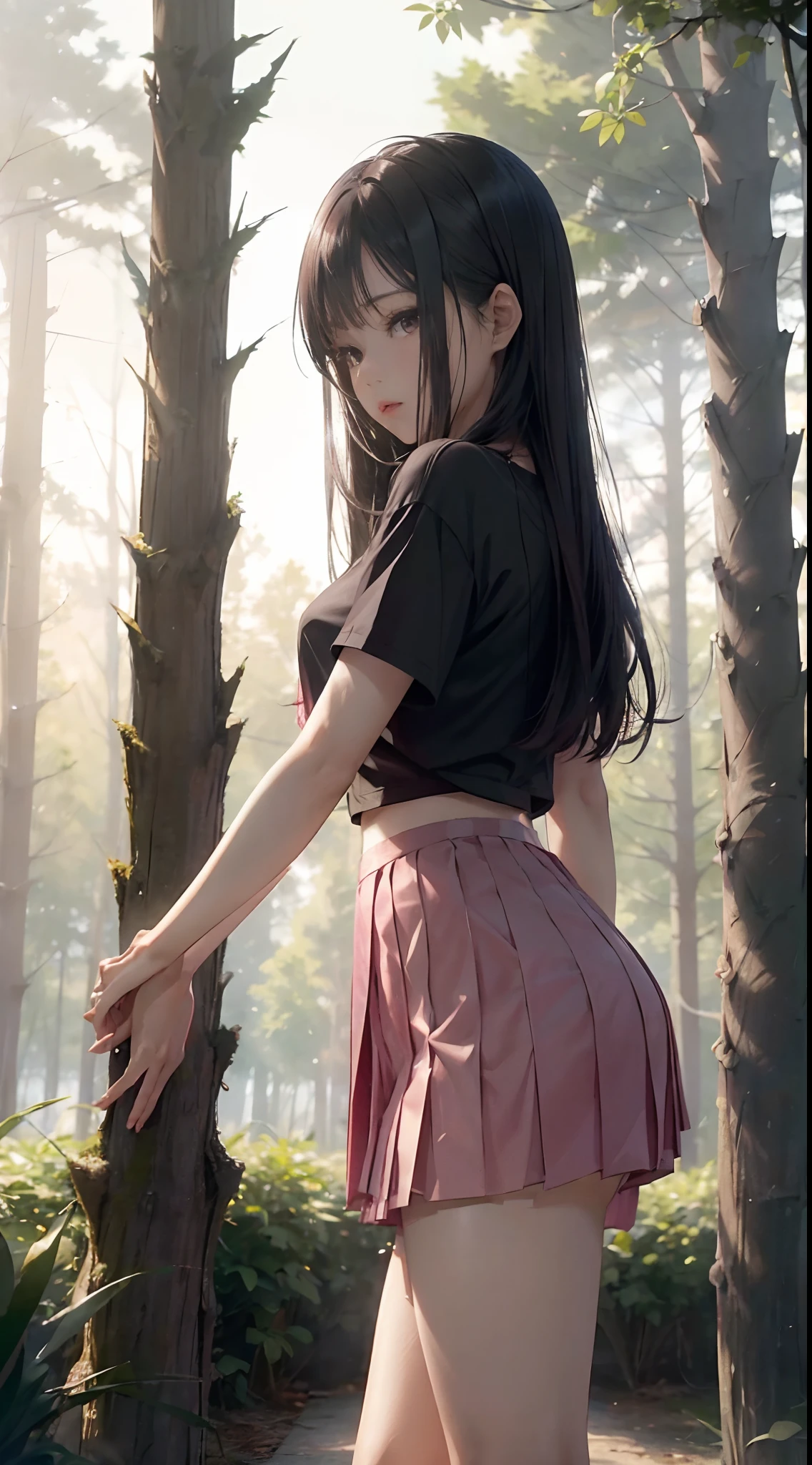 ((Jennie from Blackpink)), t-shirt, tiny pleated skirt, pink panties, black tights to the waist, high heels, close-up from thighs to face, shot from below, very light skin, very long hair, wavy hair, camp, forest, photorealistic, indirect lighting, volumetric light, ray tracing, hyperdetailed, best quality, high resolution, HDR, 8k