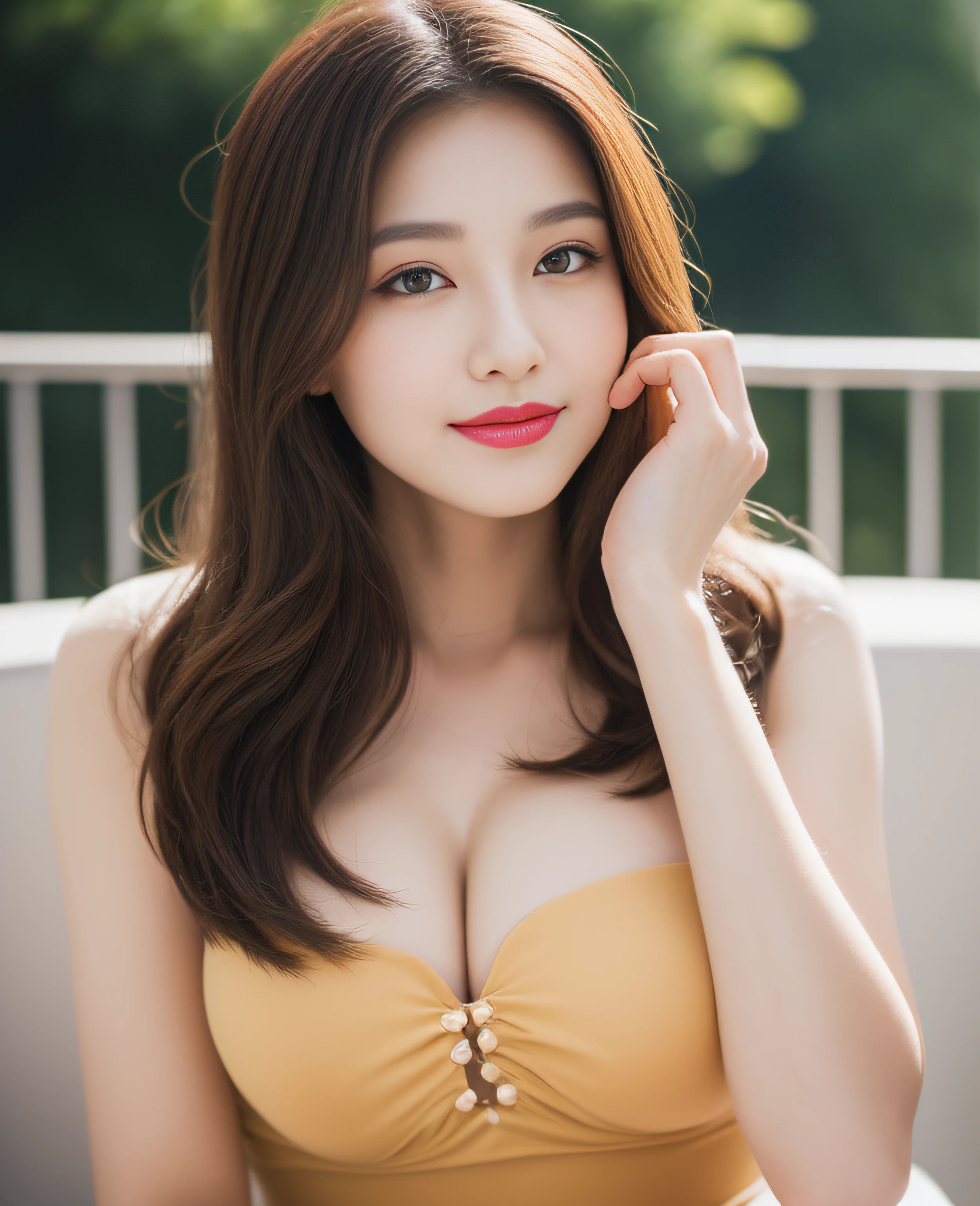 ((Top quality, 8K, masterpiece: 1.3)), Beautiful girl, pure, melon face, gentle and cute, sweet kissing gesture, sweet smile, pure desire, slender body, (front), (tilted head), ((Looking at the camera)), wearing a variety of colored dresses, medium hair, normal chest, long flowing shoulders, big round black eyes, big clear eyes, moist red lips, Sweet, sitting on a chair, afternoon cafe terrace background, (((shot from the chest up))),