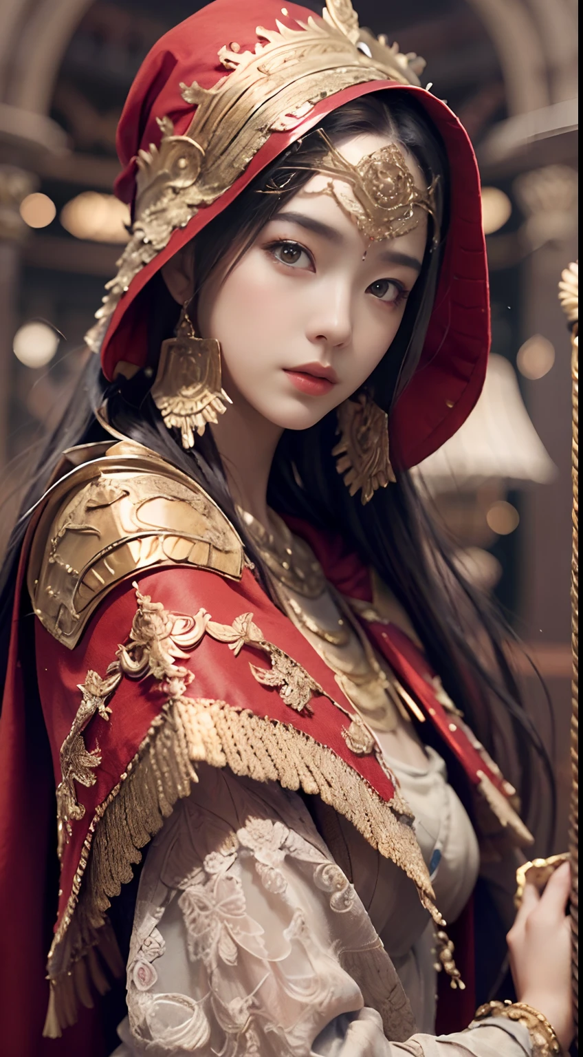 ((Masterpiece))), ((Best Quality))), ((Ultra Detailed)), (Surreal), (Highly Detailed CG Illustration), Cinematic Light, Realistic, Very Beautiful Young Lady,Sexy, Light Makeup,, Intricate Details EABA, Red Cloak, Spear