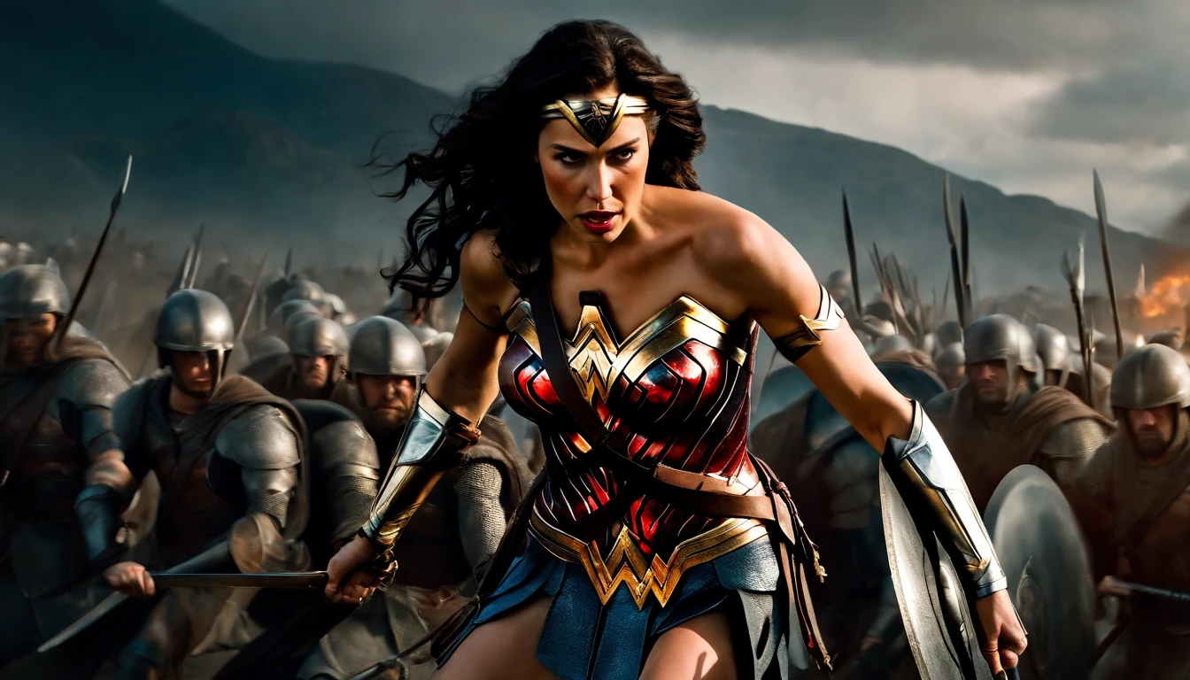 wonder woman as a spartan warrior, dying on battlefield , bloody armor, epic, 8k