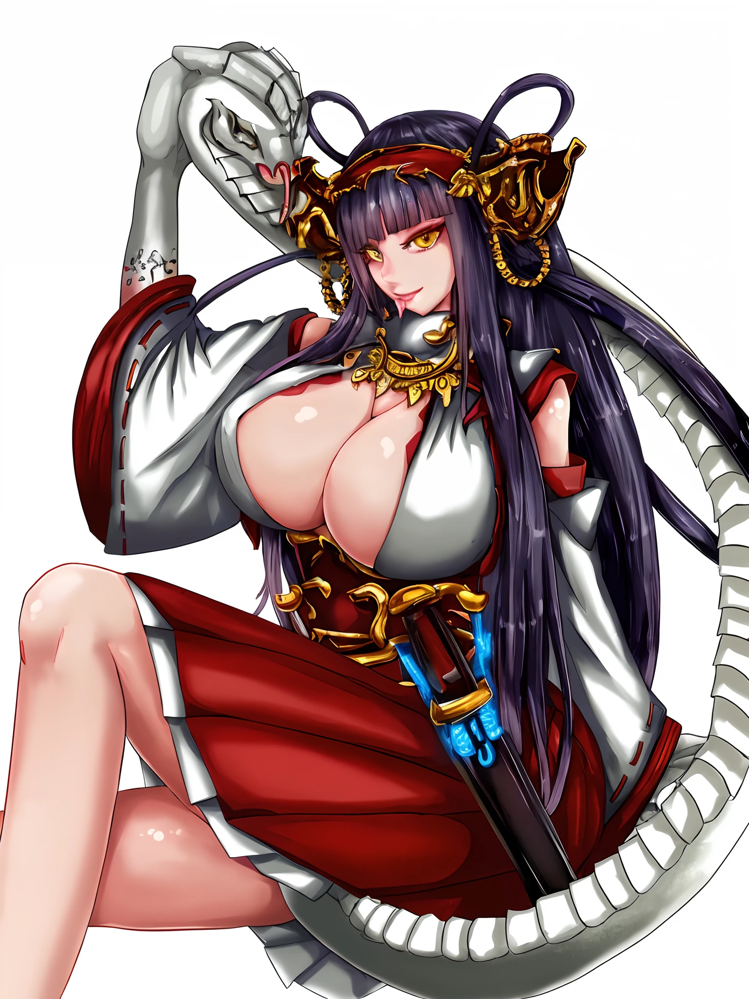 Anime, White Dragon Lady with a perfect 90-60-90 body, pointy and spiky dragon horns and tail, big tits, armor bikini, red long nails and lips. Hot desert background. smiling sexy woman with bangs, silver white long hair, cute, big eyes, chubby cheeks, full shot, intricate, elegant, highly detailed, digital painting, artstation, concept art, smooth, sharp focus, illustration.