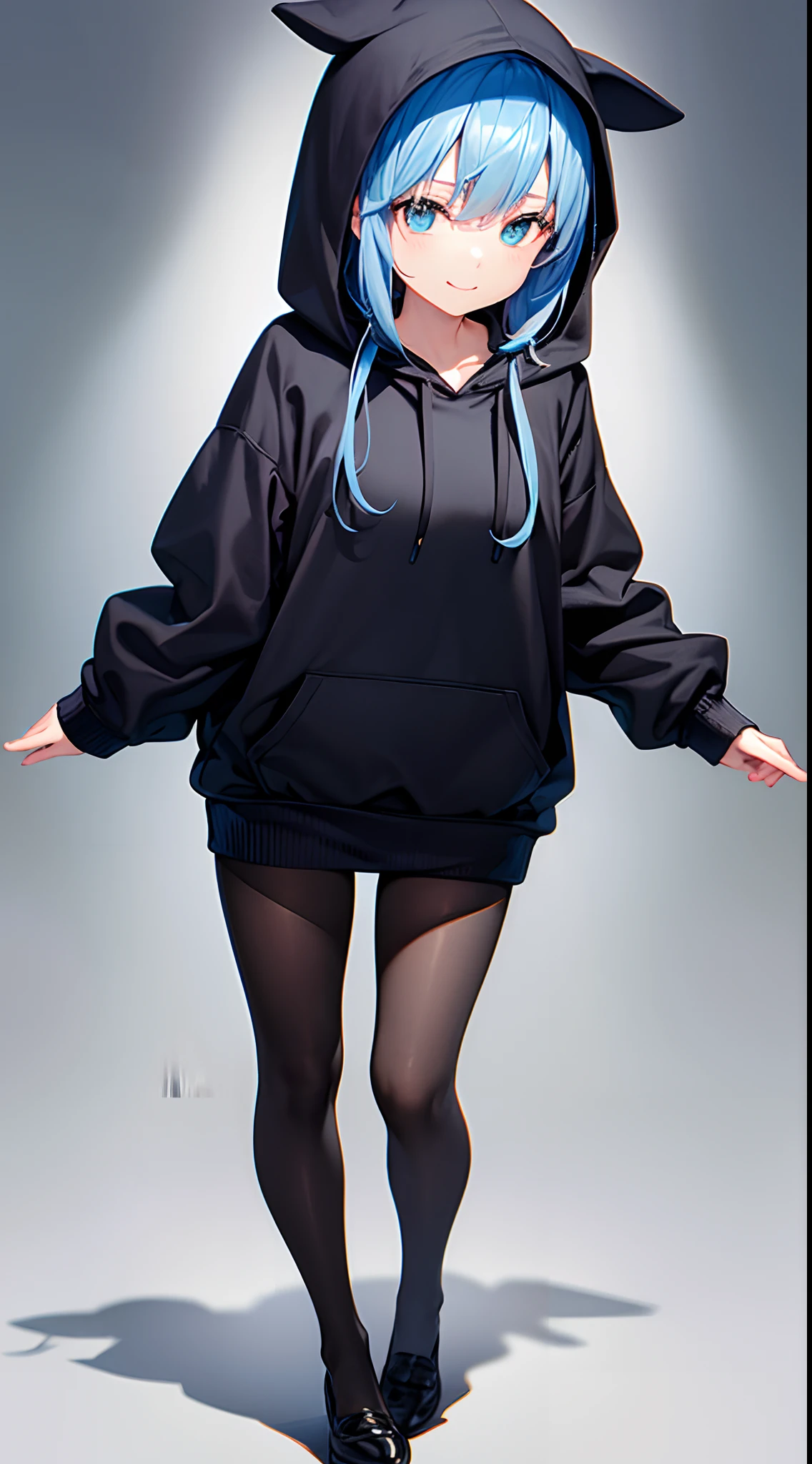 Pretty Woman, Please wear a plain black hoodie and hood, The hood has penguin hands.、Standing alone, Facing forward、Hair color is light blue、A smile、I'm wearing black tights、No background、