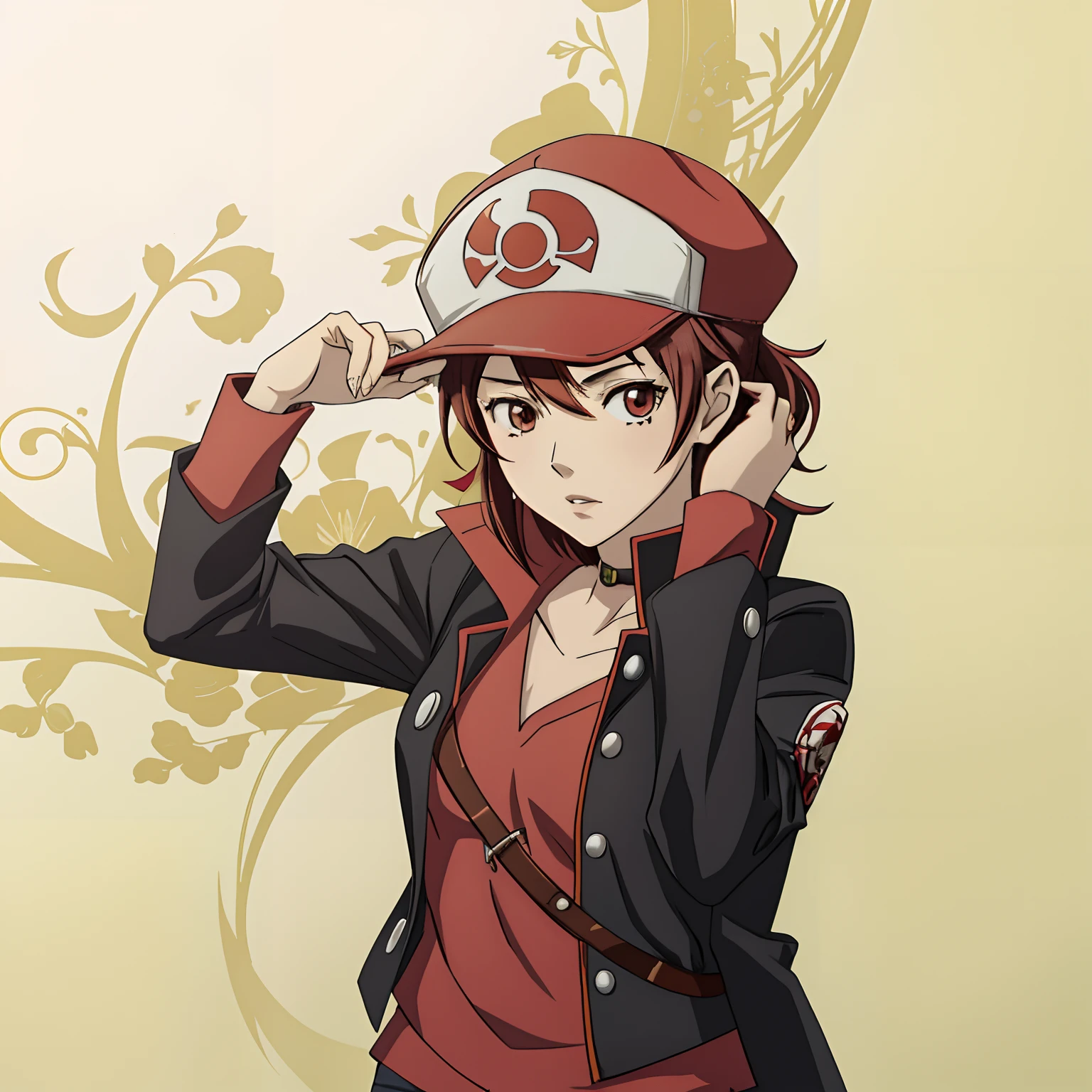 -yeld an girl in a red and black jacket and a red hat, Akihiko Yoshida!, inspirado em Junpei Satoh, inspirado em Akihiko Yoshida, Estilo Eiichiro Oda, Akihiko Yoshida 8 mil, Fanart de alta qualidade, Gatilho Estilo de Arte de Anime, Estilo anime 2D, em estilo anime, em estilo anime, inspirado em Kun Can
