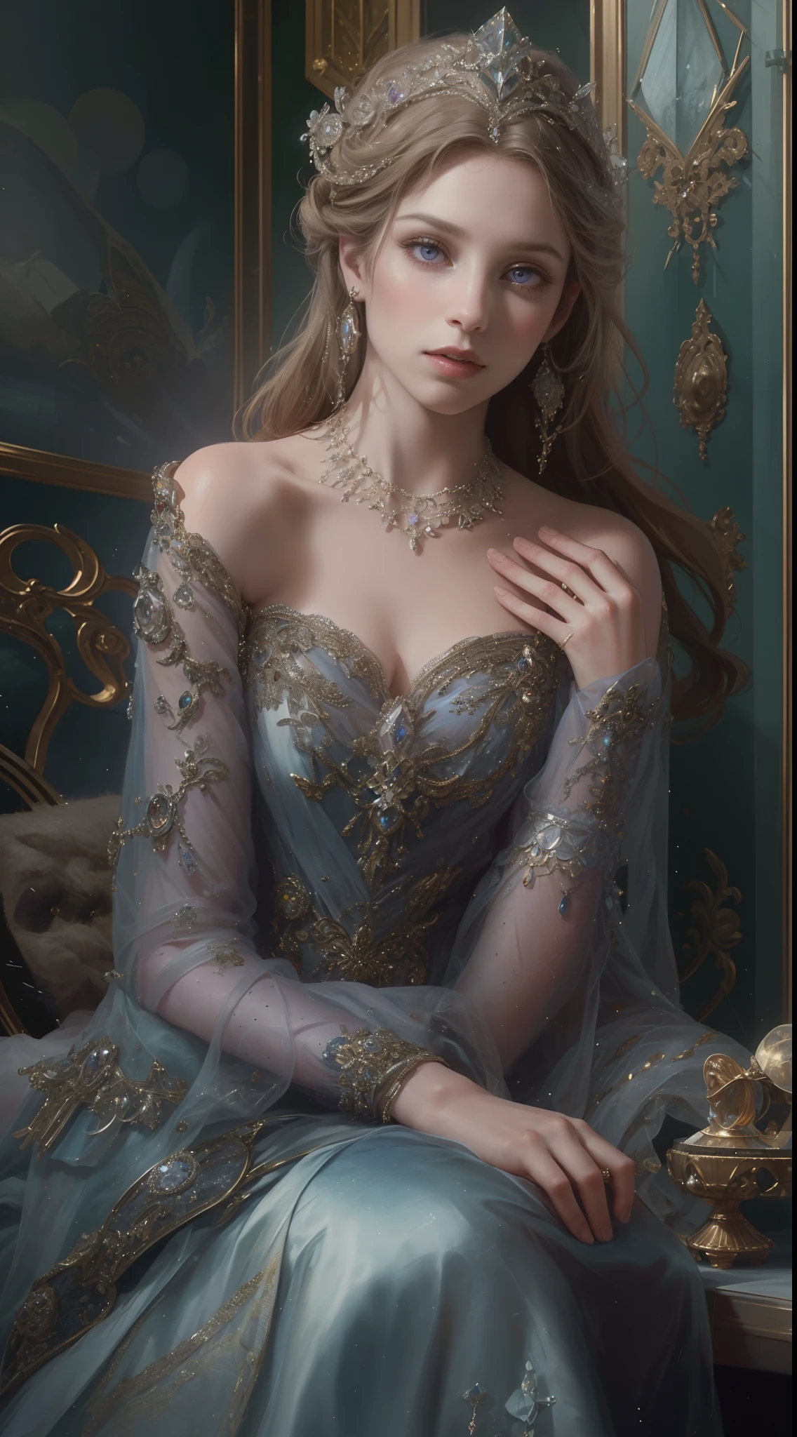 (best quality,8K,highres,masterpiece:1.2),ultra-detailed,(realistic,photorealistic,photo-realistic:1.37),portrait,creative styled artwork,historical,classical,sophisticated,richly colored,highly detailed,soft lighting,luxurious setting,elaborate gowns,vibrant flowers,refined jewelry,ethereal atmosphere,elegant pose,graceful curves,flowing hair,breathtaking textile patterns,piercing purple eyes,exquisite floral embellishments,dazzling crystal accessories,mysterious and dreamy ambiance,impeccable attention to detail.