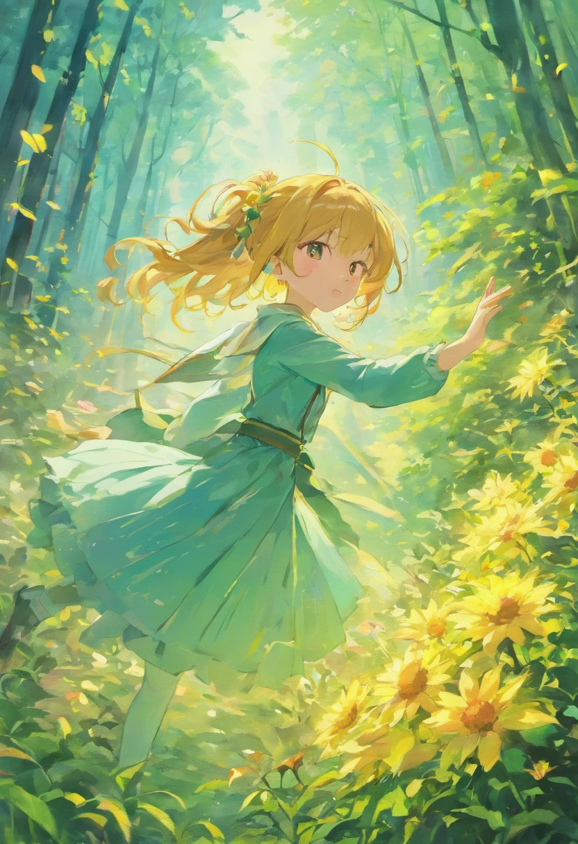 "and Itogiri Izumi"High-quality CG drawing,Meticulous portrayal,Very beautiful flowers, Girl singing with outstretched hands、Mouth wide open、Emphasizes the softness and agility of spring fog,Fairyland-like scene, Elegant landscape,Japanese illustration style,breezing,Flowers fall,Clear Creek,warm sunlight,Captivating visuals.