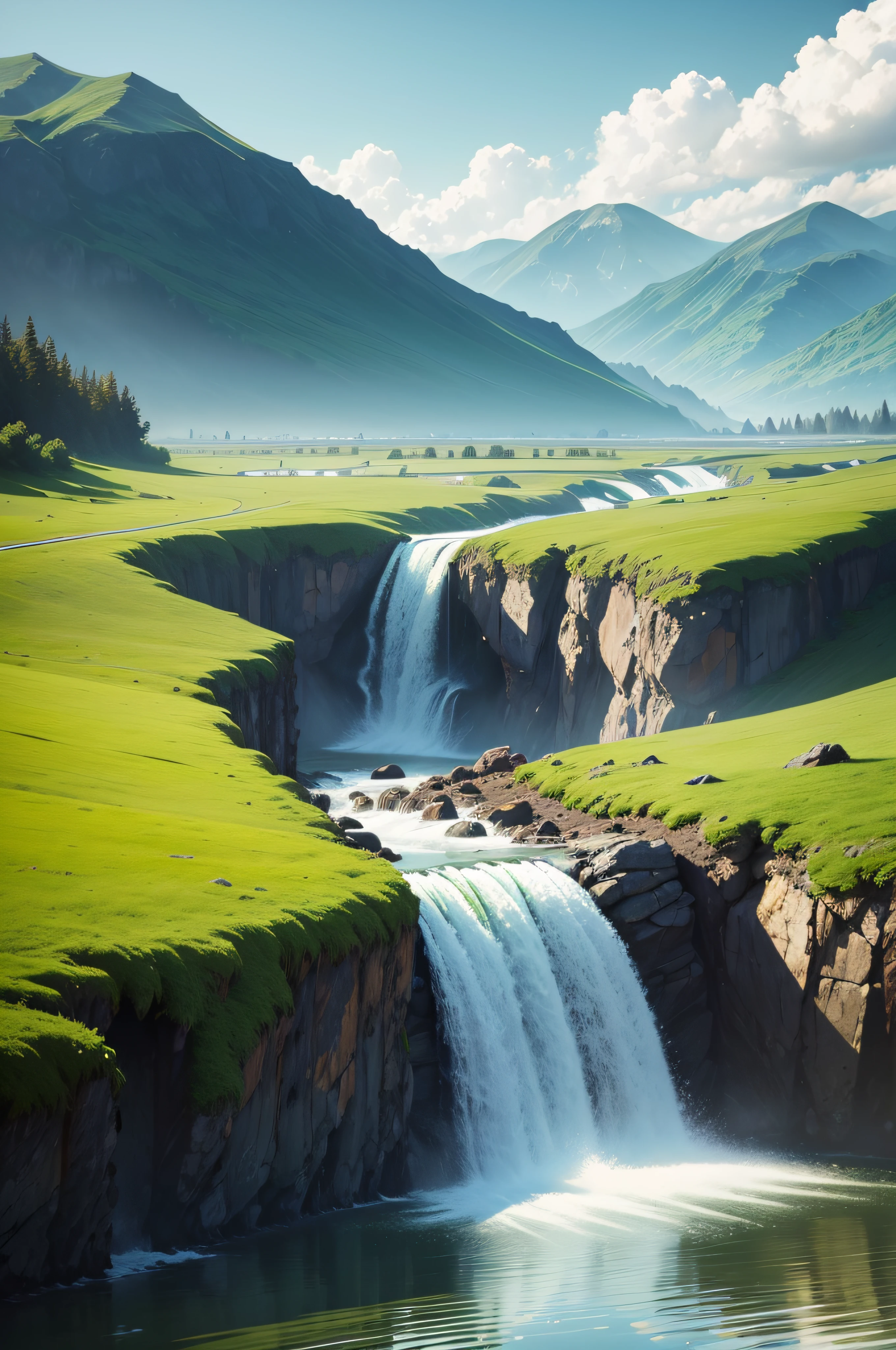 green mountains,flowingwater,grassy fields