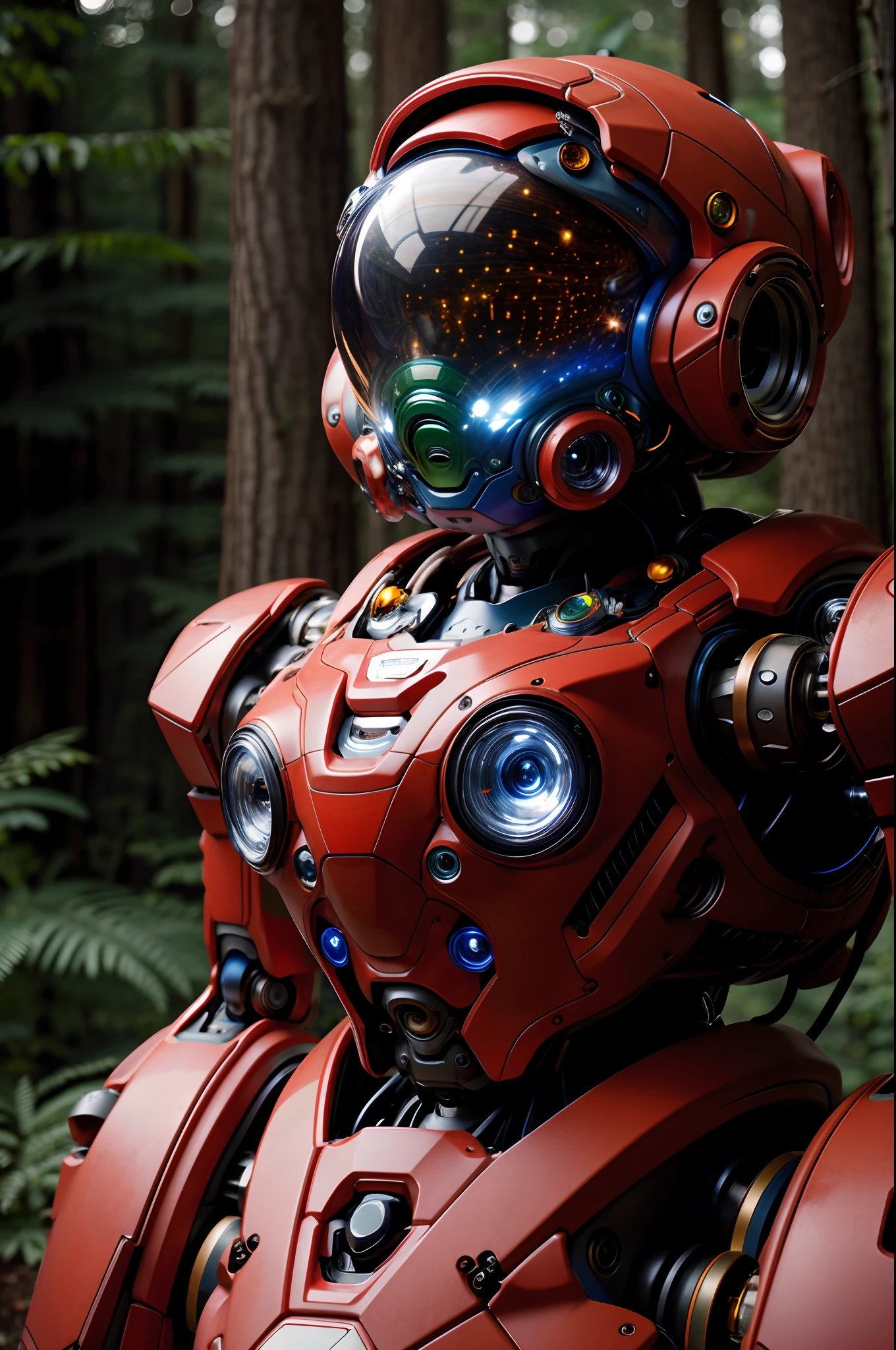 Robots wearing spacesuits,  on the forest, macro, blurry lens, studio, RTX,