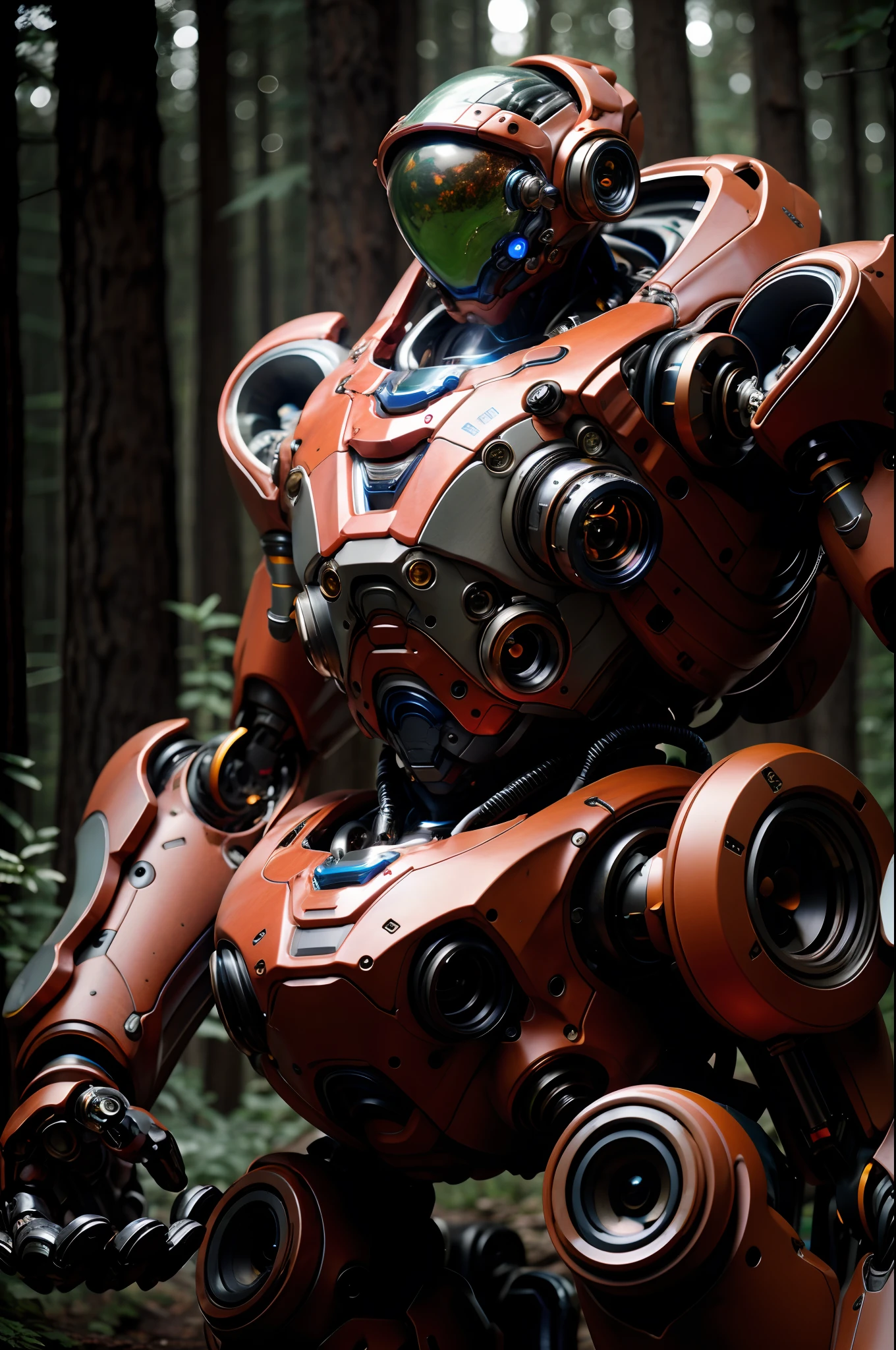 Robots wearing spacesuits, on the forest, macro, blurry lens, studio, RTX,
