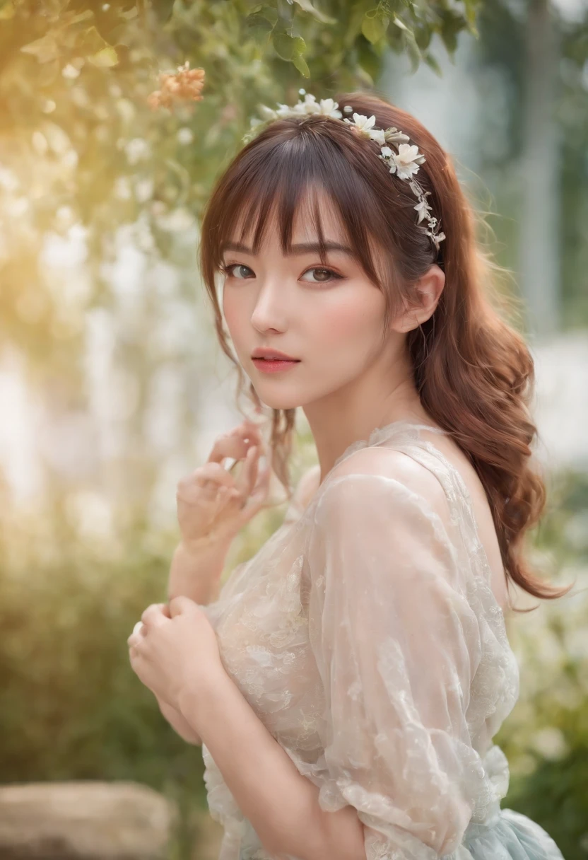(masterpiece), (best quality), (ultra detailed),(disheveled hair),(illustration), (1girl), (Fashionable clothing), standing, Fashion model, looking at viewer, (interview), (simple background),beautiful detailed eyes, delicate beautiful face, Floating,(high saturation),(colorful splashes),colorful bubble,(shining), focus on face,  ponytail, kamisato ayaka, light blue hair, bangs, hair ring, floating flowers, floating hairs, (shining), best lighting, best shadow,