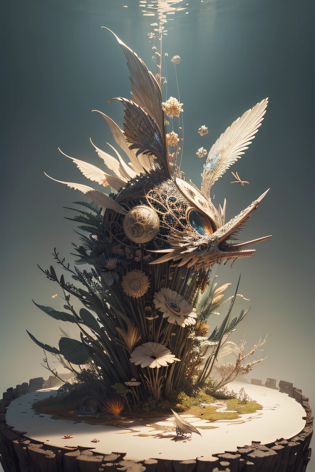 A surreal masterpiece art made from recycled materials by Ellen Jewett and Ernst Haeckel. intricate realistic details, ultra-detailed, 3D rendered. with impossible architectures enhancing the surreal atmosphere. The use of recycled materials bring depth and uniqueness to the artwork and emphasize environmental consciousness.