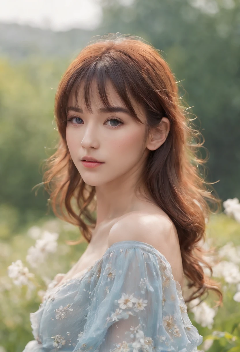 Cute woman in the drizzle, (elegant, Beautiful Face), Transparent white dress, Forest Moss, (freckles:0.8), Flower Field, , Curly Red Hair, Magical atmosphere, (short hair), ((Detailed skin, Skin Texture)), Ultra-detailed, (Exquisitely crafted, Fine details, Ultra-detailed), Ray Tracing, Scattered beneath the surface, (Fantasy underworld in the background), Diffused and soft lighting, Shallow depth of field, by (by Oliver Wetter), Sharp focus blur, (Realistic photo quality:1.4), Big firm Breasts, hard nipples, Sexy, Sharp Eyes, Break, dynamic sexy poses, sweat, Add Light Red, Intricate details, Splash screen,