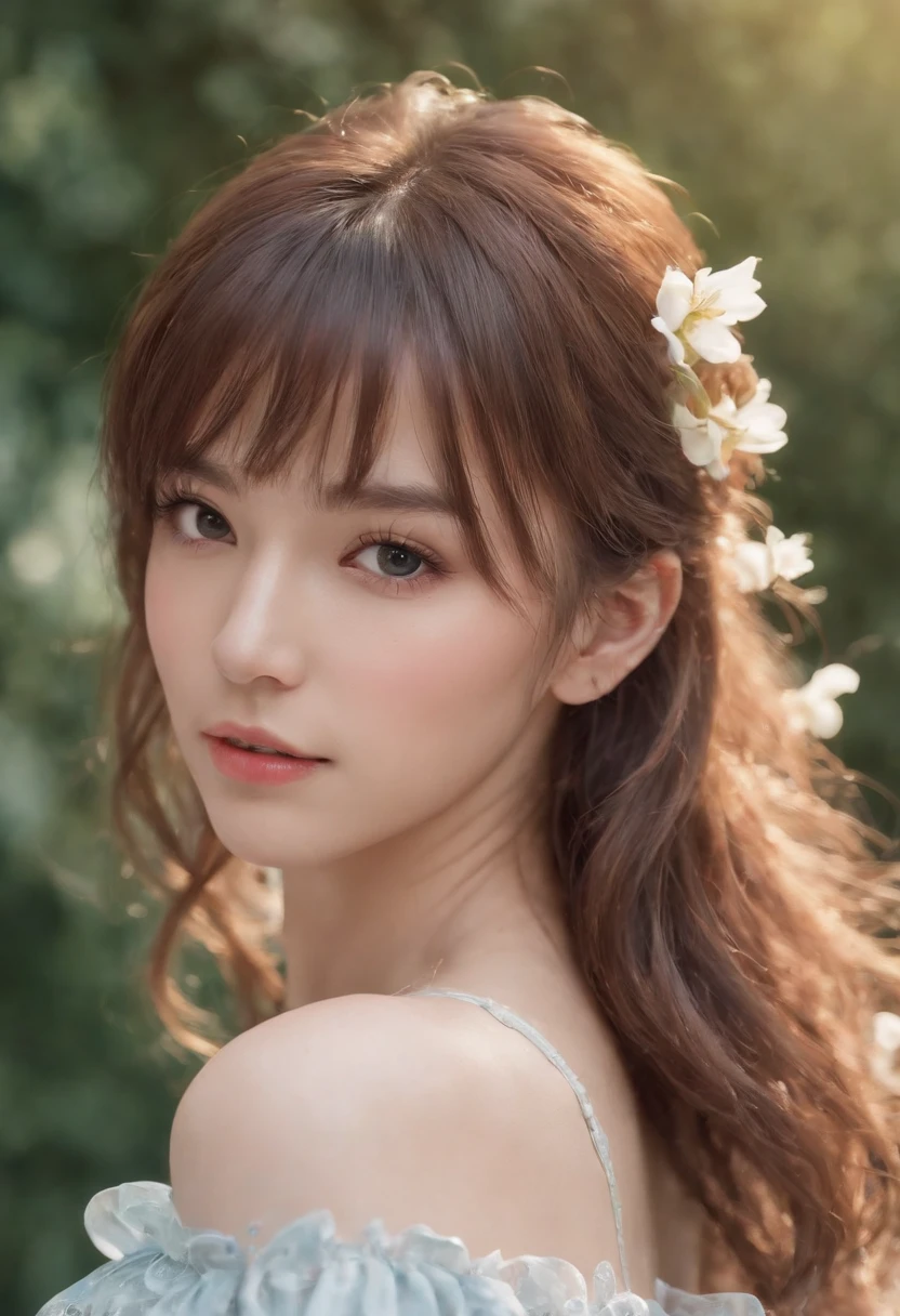 (masterpiece), (best quality), (ultra detailed),(disheveled hair),(illustration), (1girl), (Fashionable clothing), standing, Fashion model, looking at viewer, (interview), (simple background),beautiful detailed eyes, delicate beautiful face, Floating,(high saturation),(colorful splashes),colorful bubble,(shining), focus on face, ponytail, kamisato ayaka, light blue hair, bangs, hair ring, floating flowers, floating hairs, (shining), best lighting, best shadow,