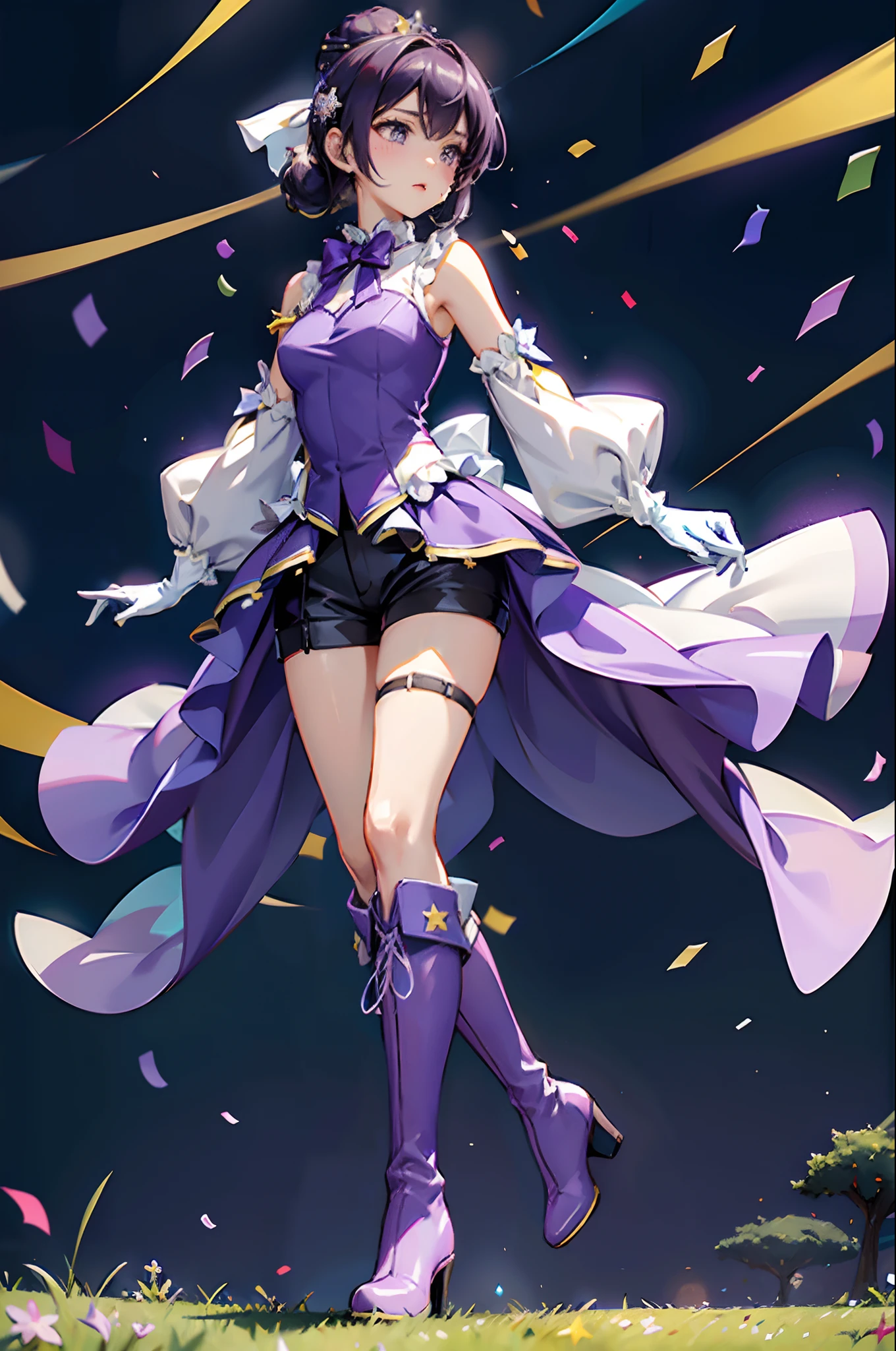 masterpiece, best quality,
narita top road,
grass, stadium, confetti,
standing, sweatdrop, hand up, looking down,
ear cover, star hair ornament, brooch, sleeveless dress, purple dress, white bow, mismatched gloves, white gloves, black gloves, shoulder cutout, puffy long sleeves, detached sleeves, see-through sleeves, frills, shorts under dress, short shorts, purple shorts, thigh strap, knee boots, purple footwear,