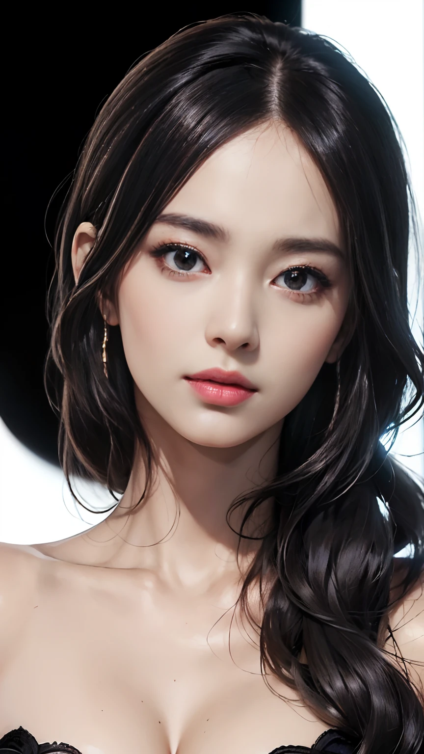 (masutepiece:1.2), (Best Quality), (ultra-detailliert), (8K,Convoluted), (Lens 135mm,F1.8),(Photorealistic)(Black background:1.3), a portrait photo of,(Upper body:1.3),(Off-shoulder), Side lighting,Rim lighting,Best Shadow,Facial light source, Perfect Anatomy, Perfect face,Perfect female body,first-rate female bodies, Detailed skin texture, Detailed Cloth Texture, Detailed beautiful face,Exquisitely detailed skin,highly detailedskin,pale skin,detailed hairs,glistning skin,