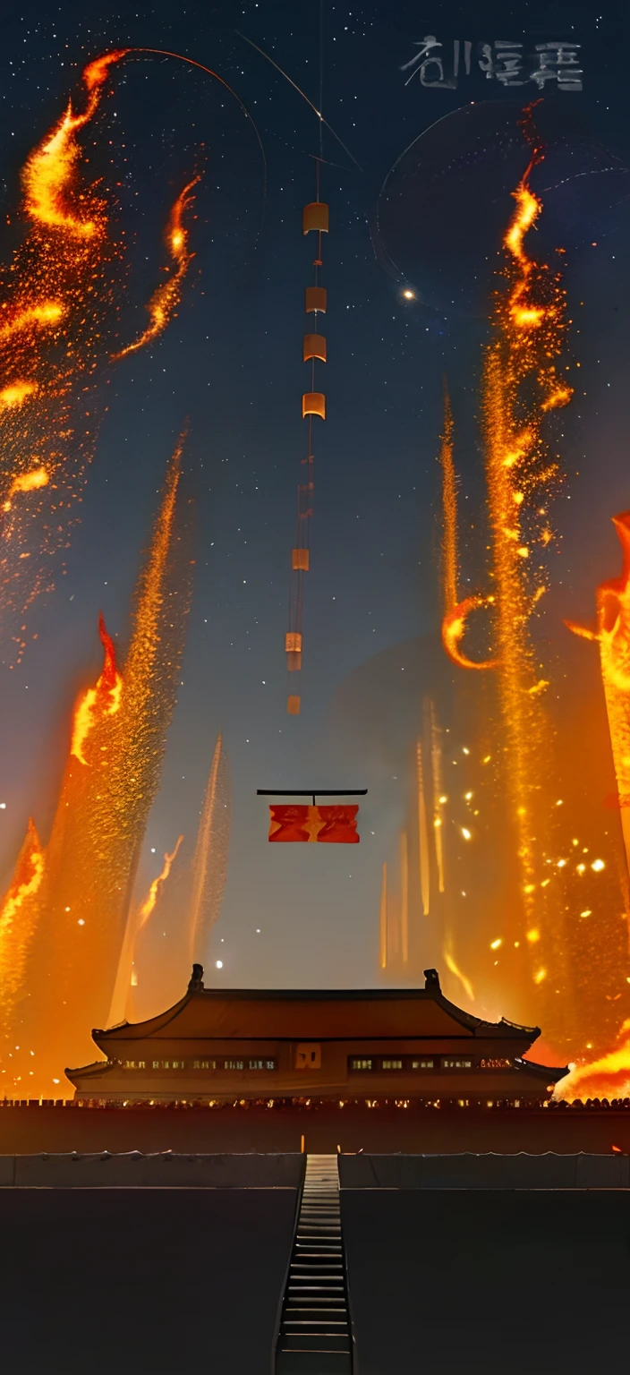 National,nigh sky,Tiananmen square,decorations,Hanging Chinese lanterns,fire works,