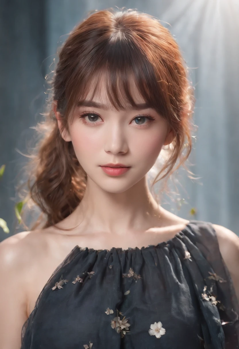 (masterpiece), (best quality), (ultra detailed),(disheveled hair),(illustration), (1girl), (Fashionable clothing), standing, Fashion model, looking at viewer, (interview), (simple background),beautiful detailed eyes, delicate beautiful face, Floating,(high saturation),(colorful splashes),colorful bubble,(shining), focus on face, ponytail, kamisato ayaka, light blue hair, bangs, hair ring, floating flowers, floating hairs, (shining), best lighting, best shadow,