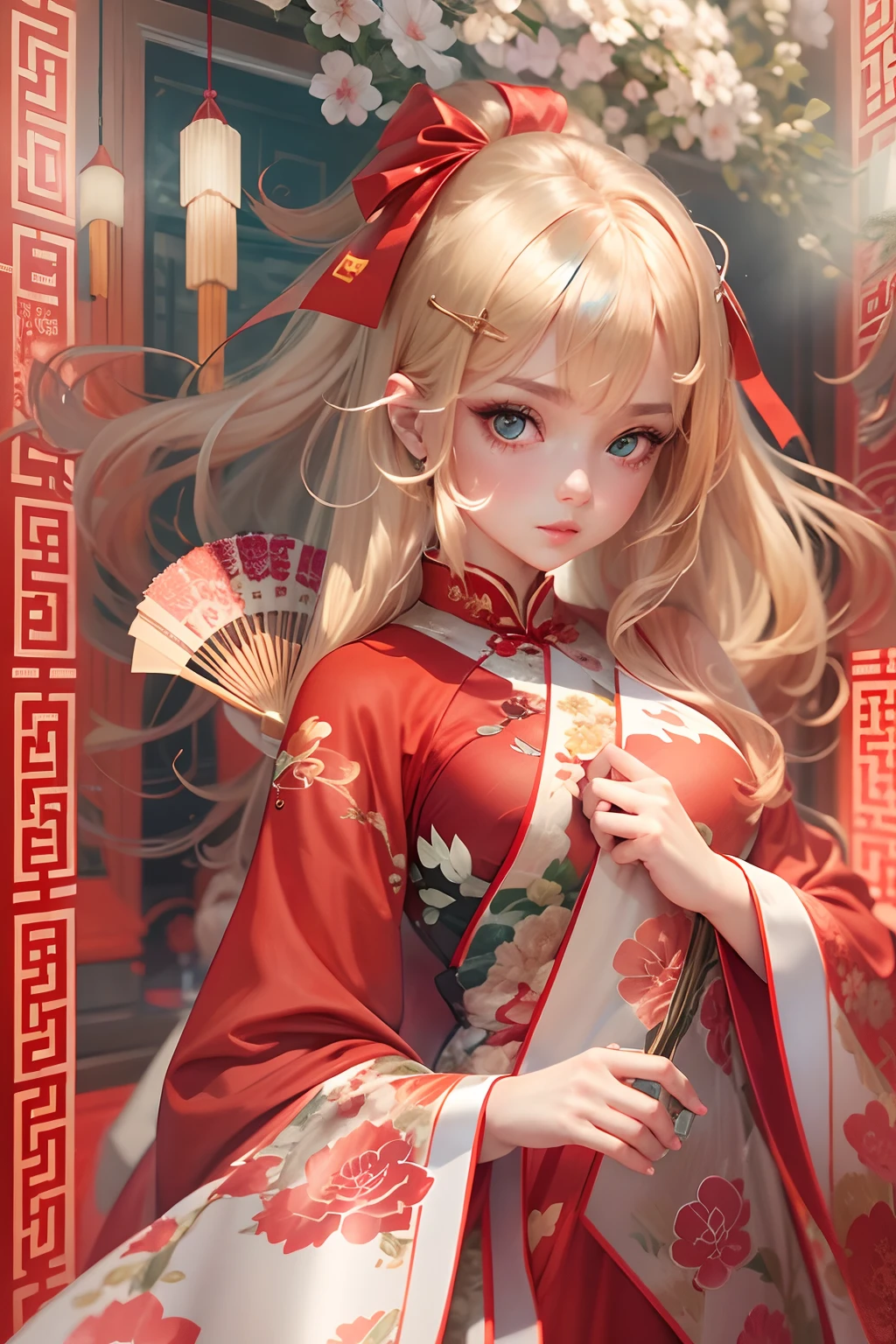 a woman in a red dress cheongsam, wearing a red cheongsam holding paper fan, beautiful girl, big eyes, iridescent eyes, red dress, long blonde hair with jade hairpin, exquisite digital illustration, digital art of an elegant, anime girl, princess, hd, 8k, high resolution