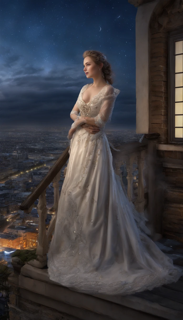 A beautiful maiden,the night,The sky is full of stars,On the rooftop