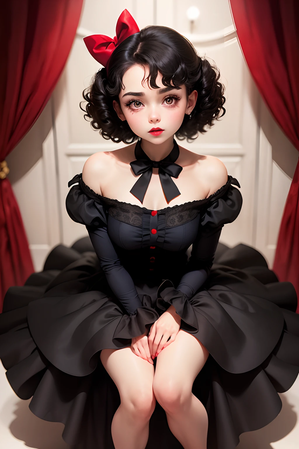 beautiful face, big eyes, red lips 1 girl, snow white, black curly short hair red bow in hair, red and blue long sleeve cocktail dress, wearing ballet slippers, innocence expression, close up, ballroom