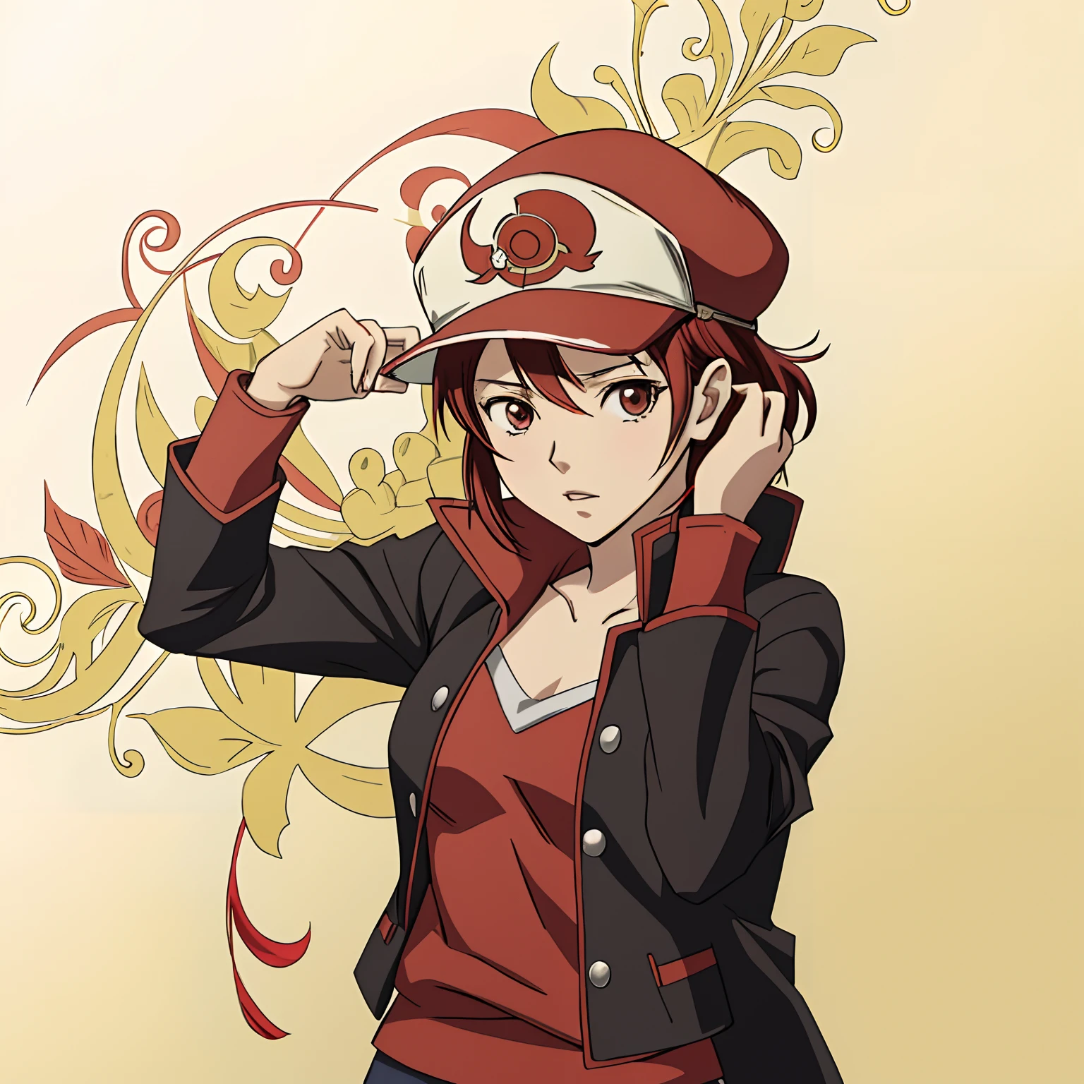 anime girl in a red and black jacket and a red hat, Akihiko Yoshida!, inspirado em Junpei Satoh, inspirado em Akihiko Yoshida, Estilo Eiichiro Oda, Akihiko Yoshida 8 mil, Fanart de alta qualidade, Gatilho Estilo de Arte de Anime, Estilo anime 2D, em estilo anime, em estilo anime, inspirado em Kun Can