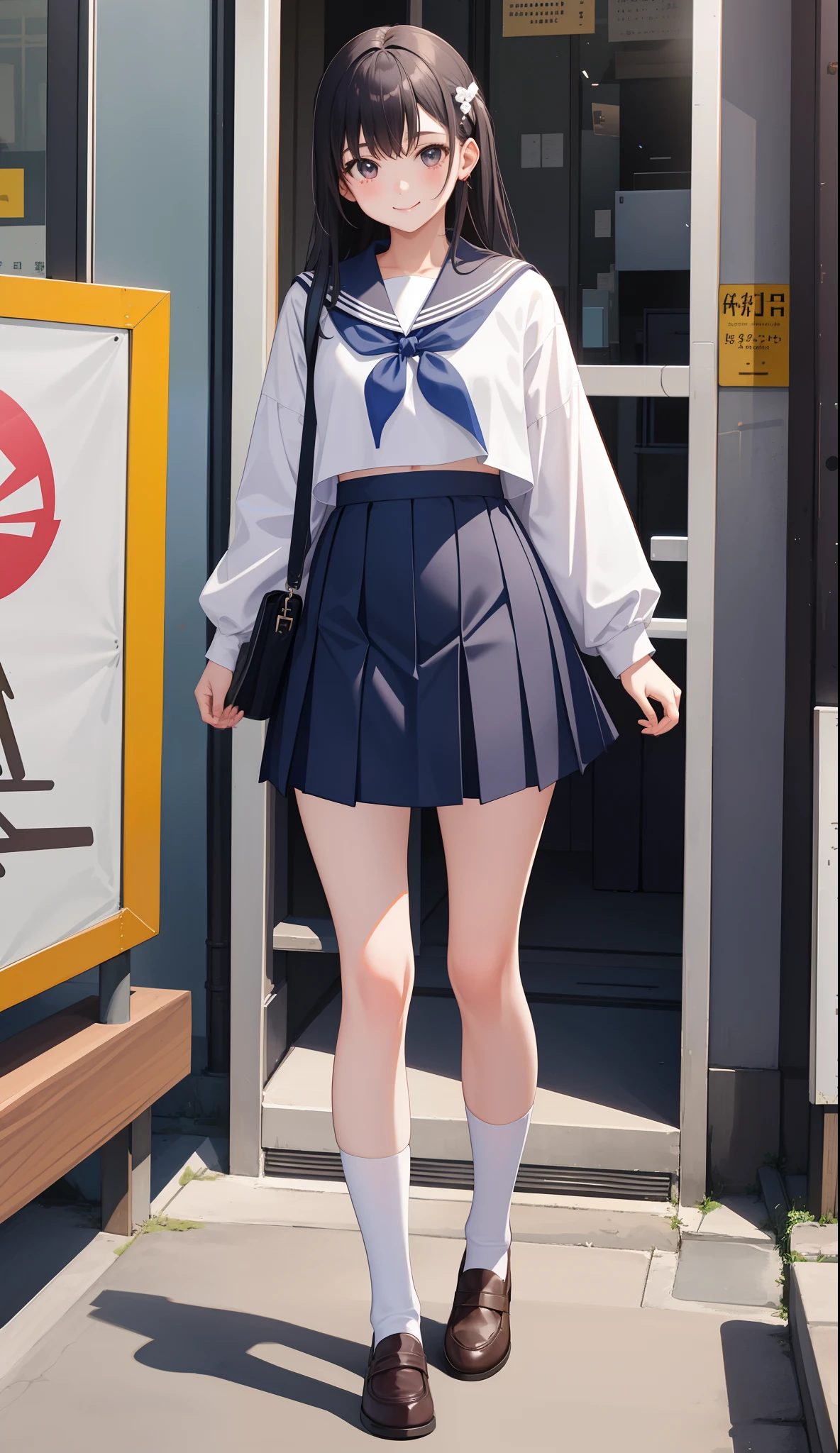 1girl in、AS-Adult、A smile、The shirt、skirt by the、(small tits)Japan High School、校服、serafuku、Walking with a thigh、Upper body portrait、