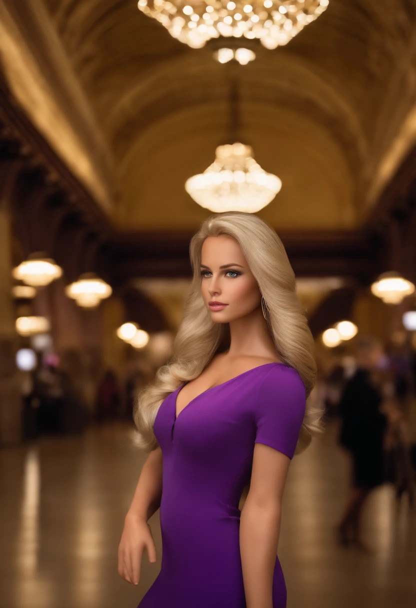 (lifelike, high - resolution:1.3), American girl with a perfect body, Super fine face and eyes,long blonde hair, purple sundress :1.2, Small Chest,Expose cleavage, standing in Grand Central Station