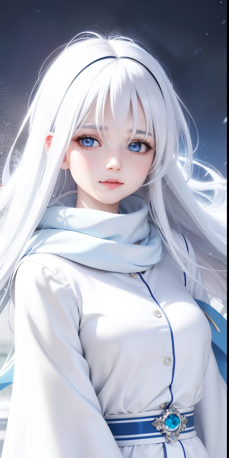 anime girl with white hair and blue scarf in the snow, flowing white hair, girl with white hair, with white long hair, with long white hair, beautiful anime portrait, white haired, white haired lady, soft anime illustration, perfect white haired girl, beautiful young wind spirit, ethereal beauty, white and pale blue toned, white haired deity, white hair floating in air