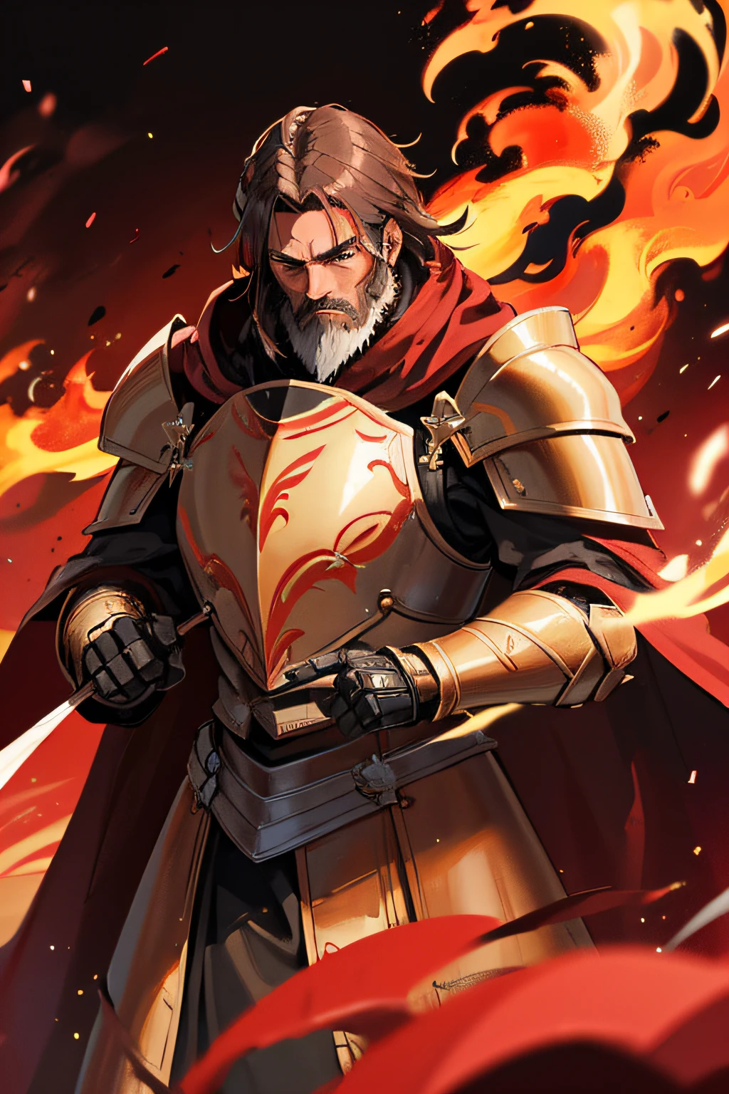 1 man, dnd knight, mature, heavy plate armor, red and gold accents, red cape, blue eyes, kept brown aged hair, long brown aged beard, fire, red glow, burning, smoke, great helm, holding longsword, surrounded by fire