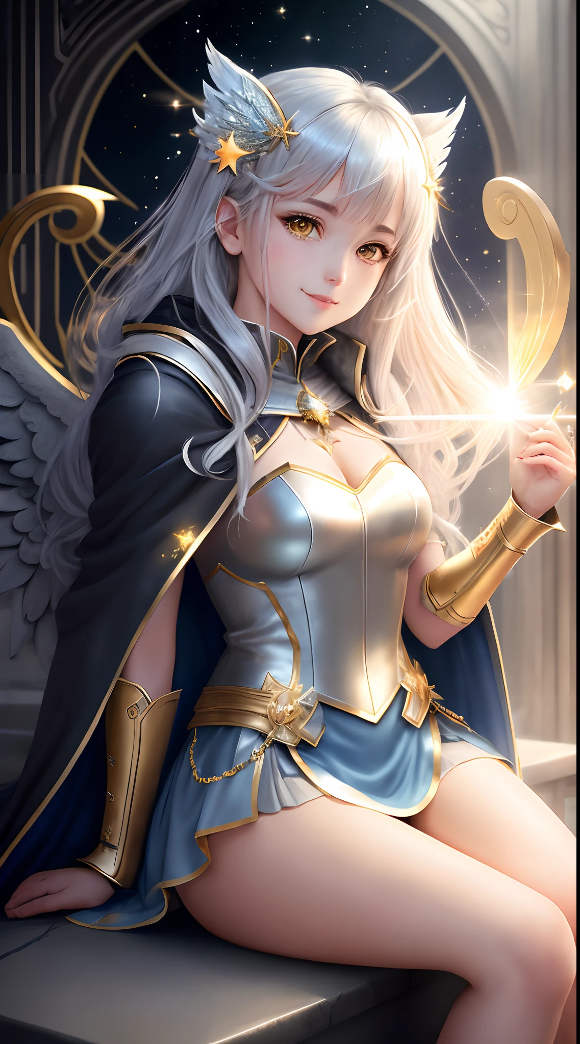 Full Body, silver-haired young girl, yellow eyes, angelic body and face, and blue crystal dress with a mini skirt, holding a shield, wear a cloak, and golden hairpin, sitting on the throne of guardian, red wings, sunrise, and, high rise building background scene, the magic circle with a diamond star, innocent smile, stable diffusion v5, anime style v3, lora style v5, dynamic, image enhance, dream shape, vibrant, realistic face, 32k resolution, upscale, sharp focus, best quality, masterpiece, ghostmix, flat color, flat light.