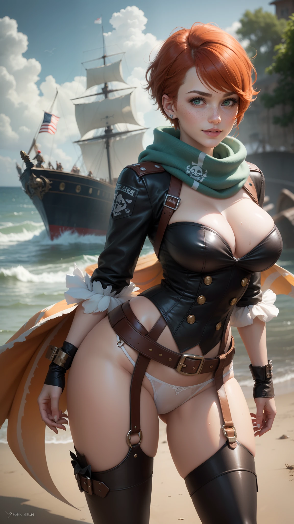 gwen tennyson,tracer,yorha 2b,sinon, rebecca chambers,reisalin stout,pirate outfit,beach,teenager,green eyes,thigh high boots,garter belt,striped panties, short hair,orange hair,pirate ship,shy smile,white striped top,victorian skirt, wet clothes,freckles,redhead,pirate corset,pirate jacket,beautiful girl,large breasts,ultra detailed,realistic,pearl earrings,long scarf,