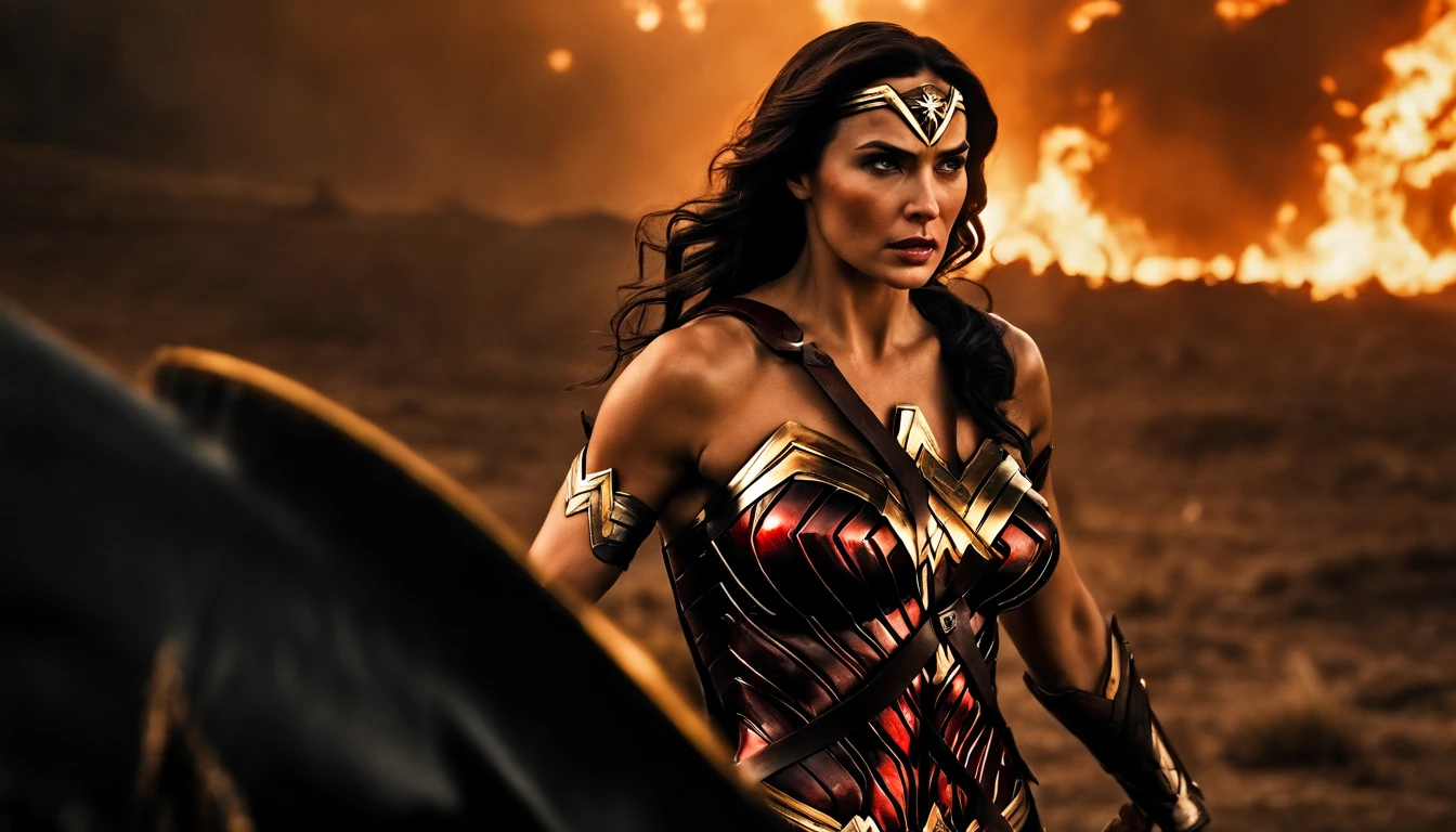 wonder woman as a spartan warrior, dying on battlefield , bloody armor, epic, 8k