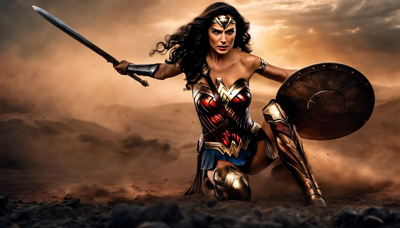 wonder woman as a spartan warrior, dying on battlefield , bloody armor, epic, 8k