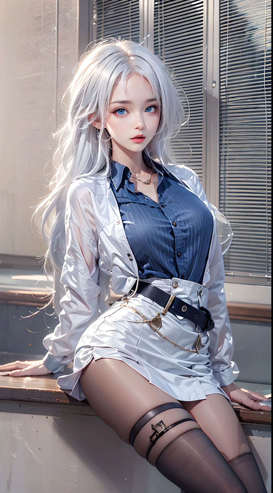 photorealistic, high resolution, soft lights, 1women, solo, hips up, blue eyes, white hair, long hair, shirt, skirt, thigh highs