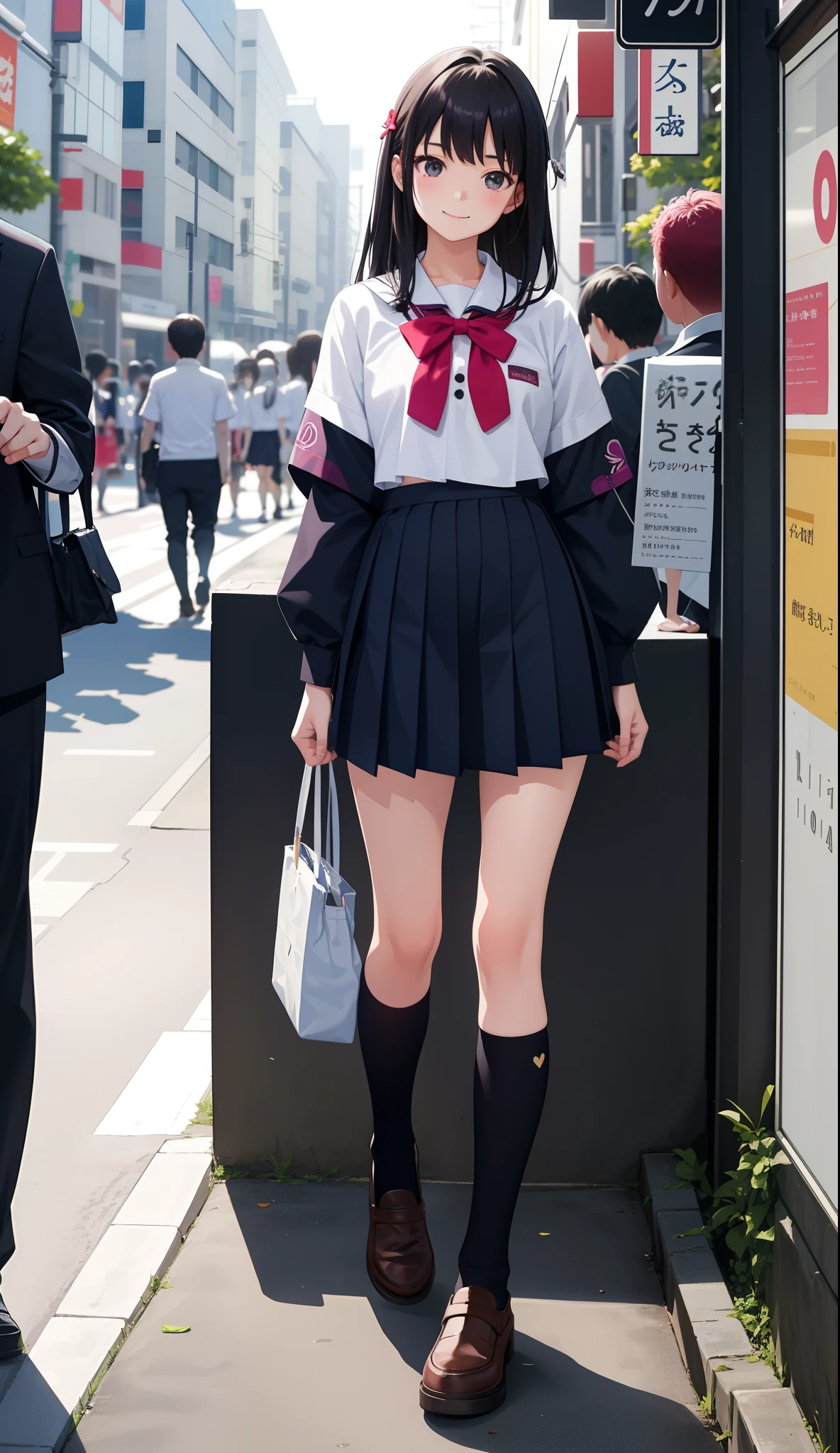 1girl in、AS-Adult、A smile、The shirt、skirt by the、(small tits)Japan High School、校服、serafuku、Walking with a thigh、Upper body portrait、