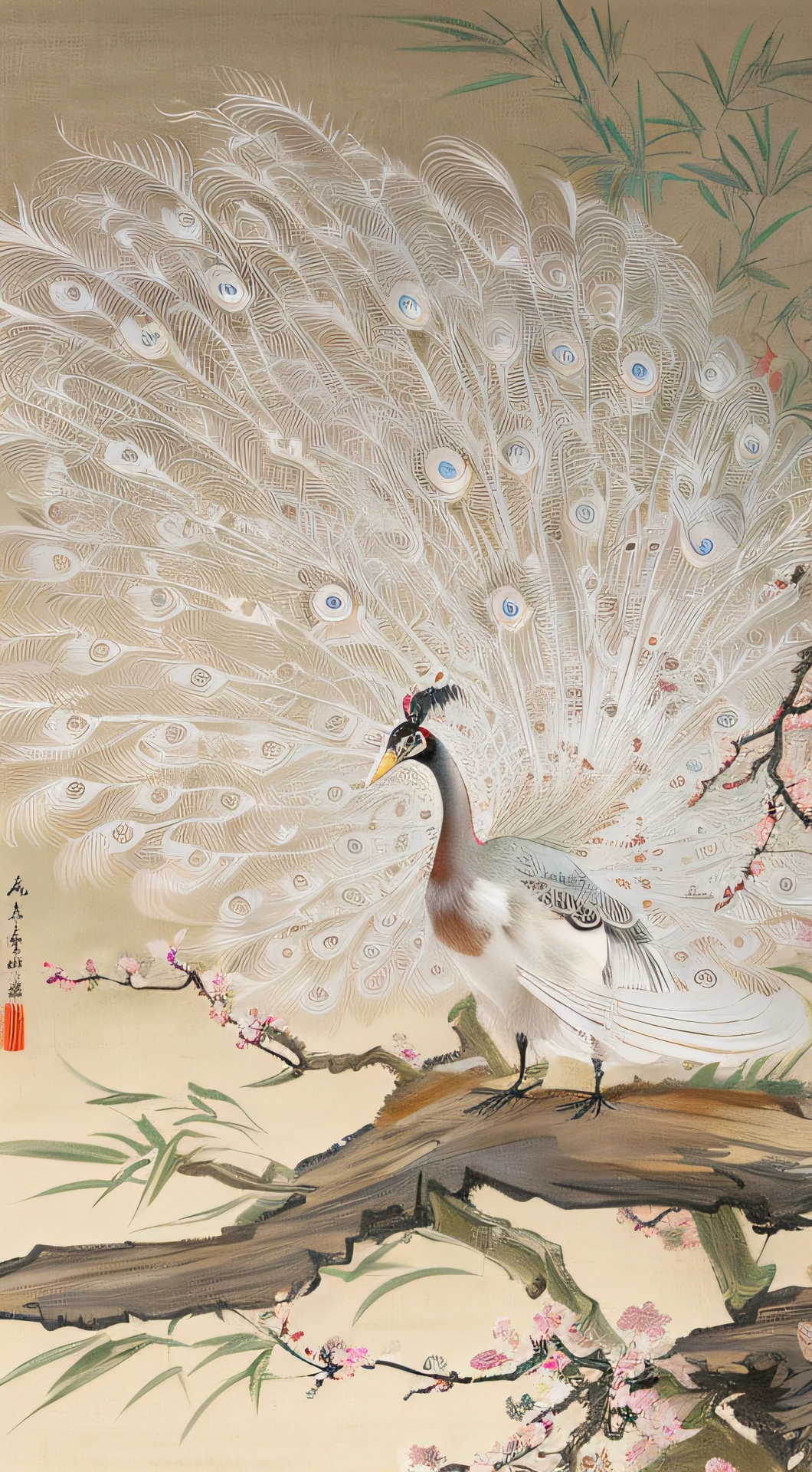 Chinese brush painting Chinese painting Chinese style ancient style blooming red plum blossom bamboo knots bamboo white peacock opening the screen Beautiful Chinese brush painting Beautiful artistic conception